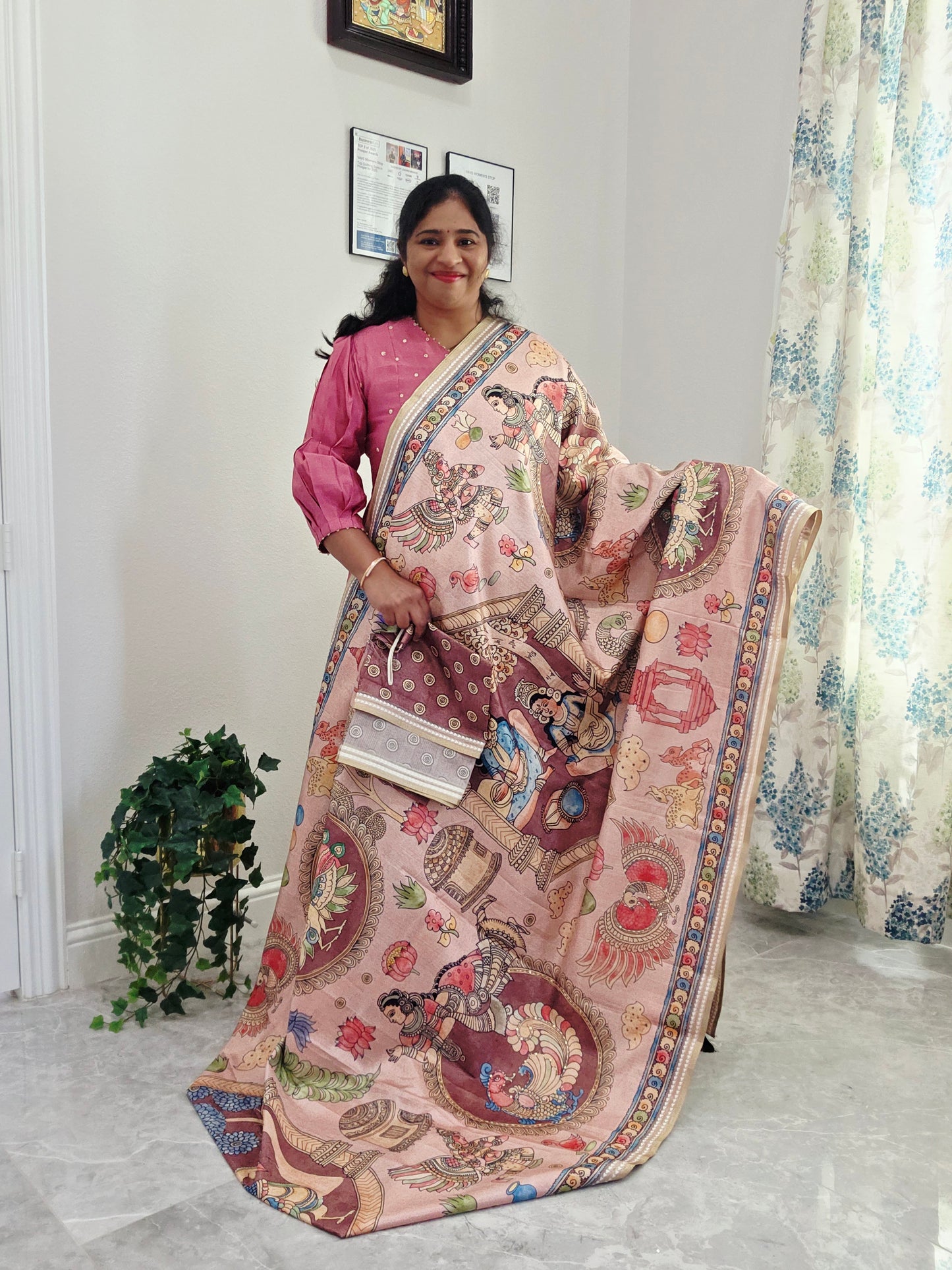 Kalamkari Print Outline Embroidery Lightweight Semi Tussar Silk Saree