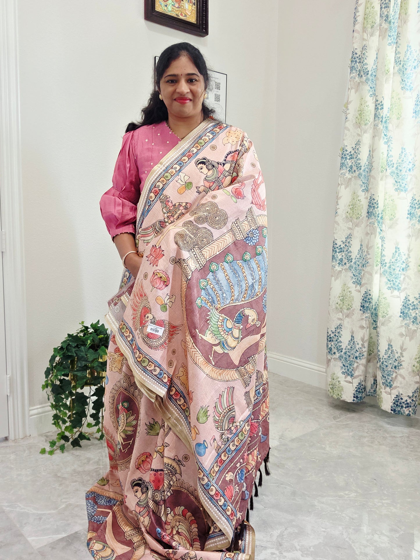 Kalamkari Print Outline Embroidery Lightweight Semi Tussar Silk Saree