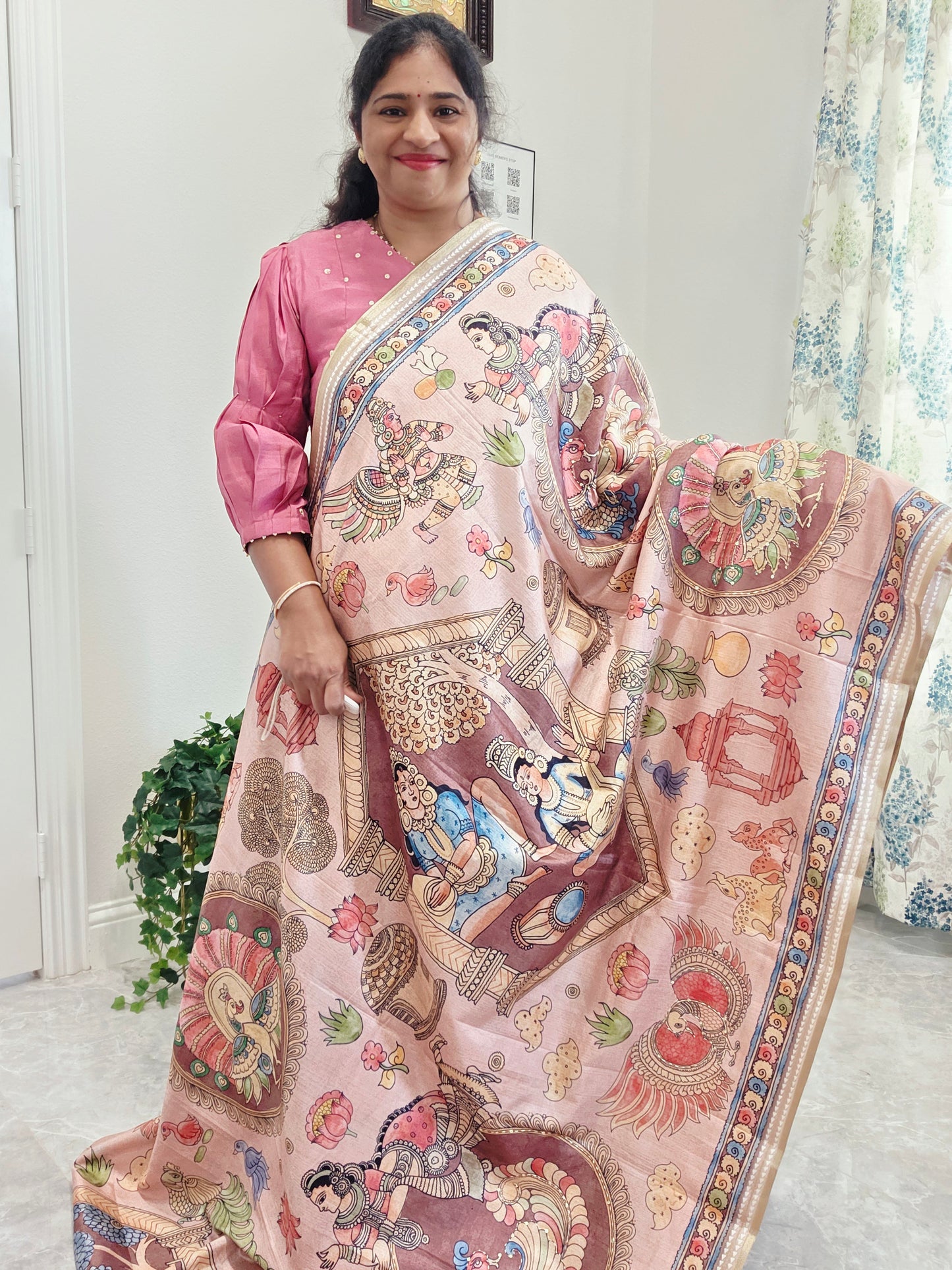 Kalamkari Print Outline Embroidery Lightweight Semi Tussar Silk Saree