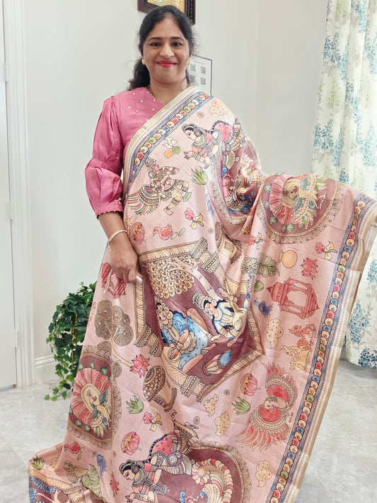 Kalamkari Print Outline Embroidery Lightweight Semi Tussar Silk Saree