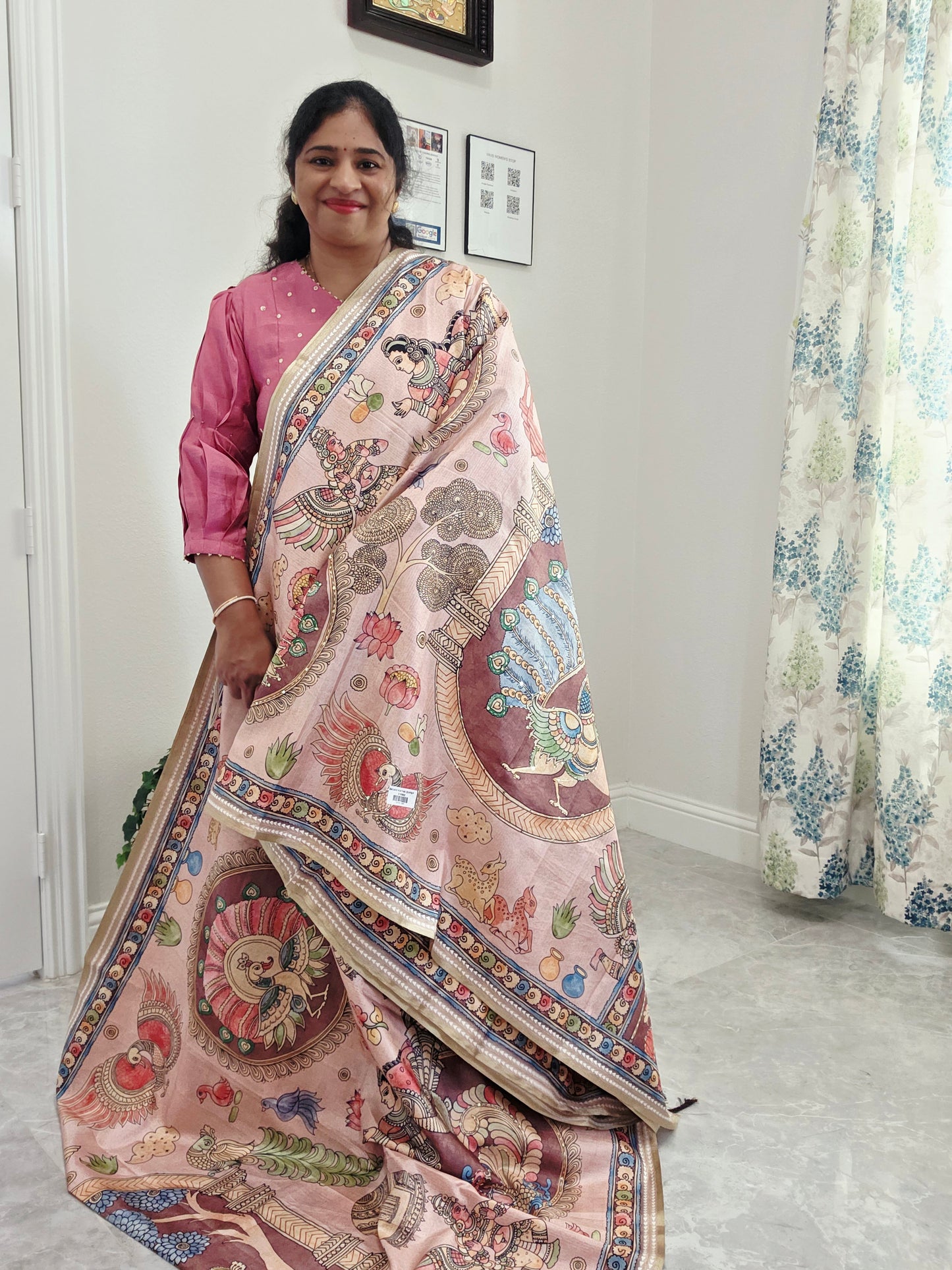 Kalamkari Print Outline Embroidery Lightweight Semi Tussar Silk Saree