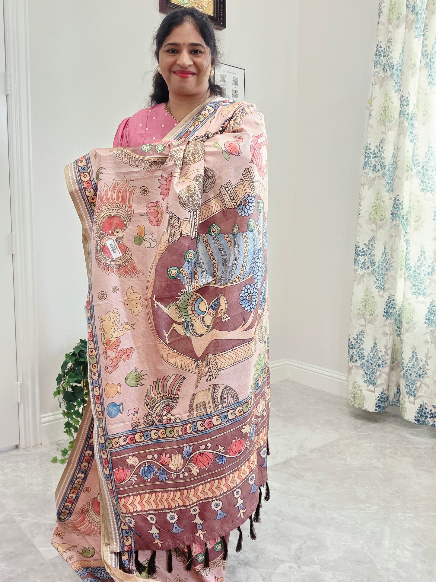 Kalamkari Print Outline Embroidery Lightweight Semi Tussar Silk Saree