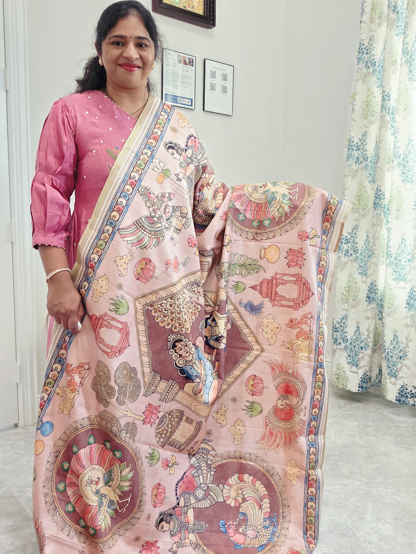 Kalamkari Print Outline Embroidery Lightweight Semi Tussar Silk Saree