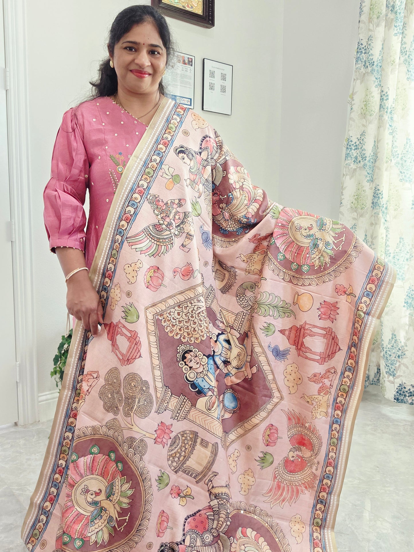 Kalamkari Print Outline Embroidery Lightweight Semi Tussar Silk Saree