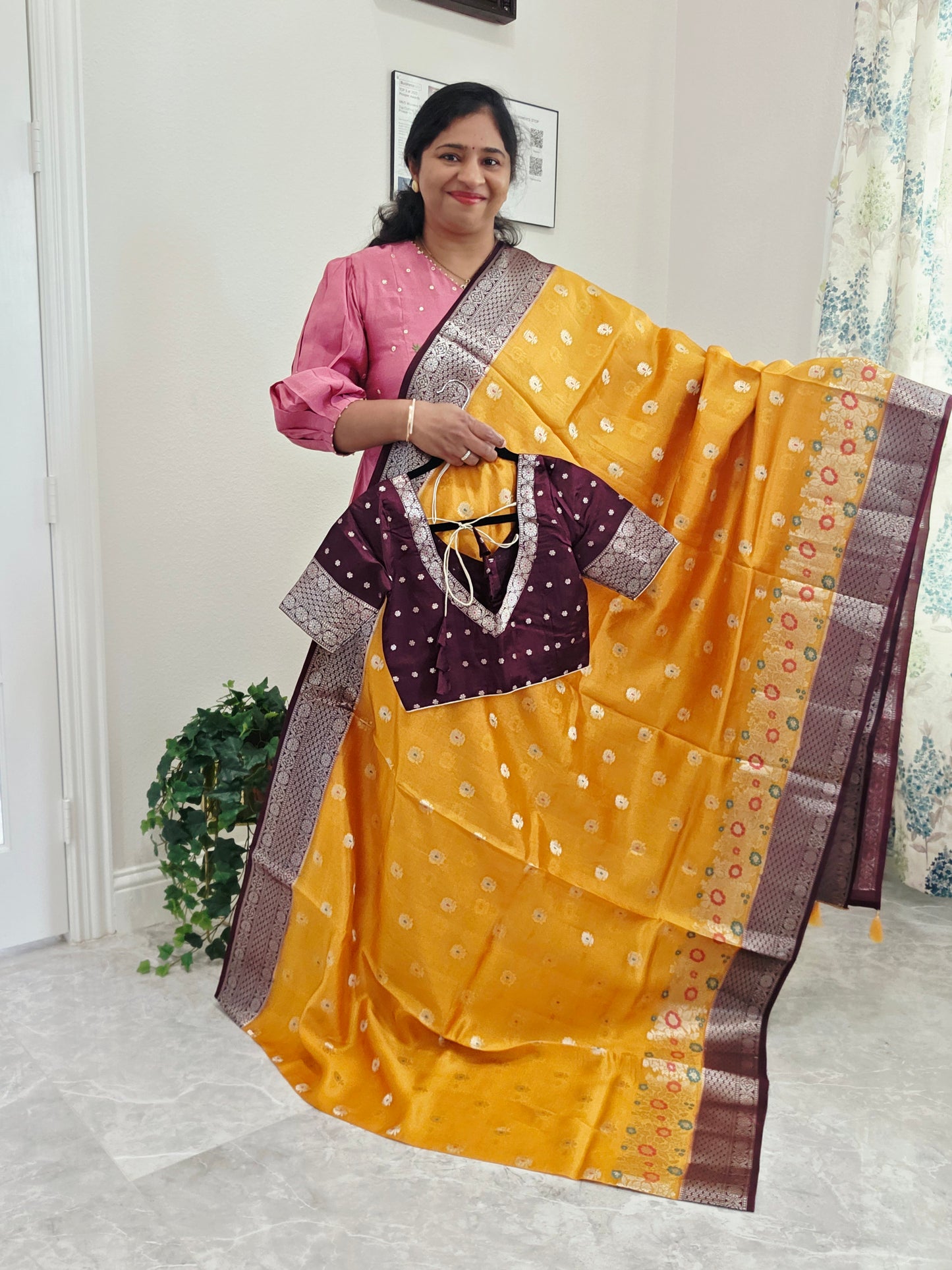 Haldi Gold Semi  Mango Silk Saree with Wine Brown Zari Border & Stitched Blouse