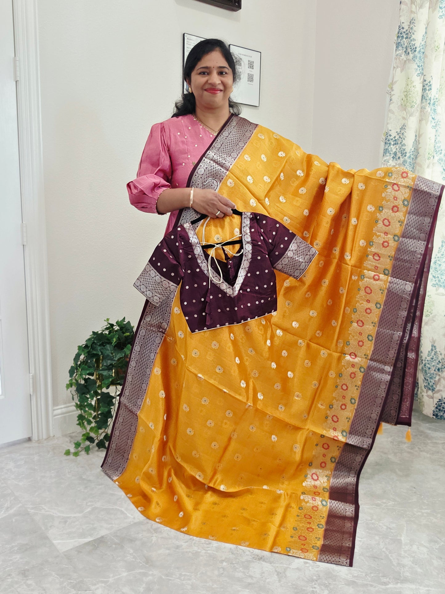 Haldi Gold Semi  Mango Silk Saree with Wine Brown Zari Border & Stitched Blouse