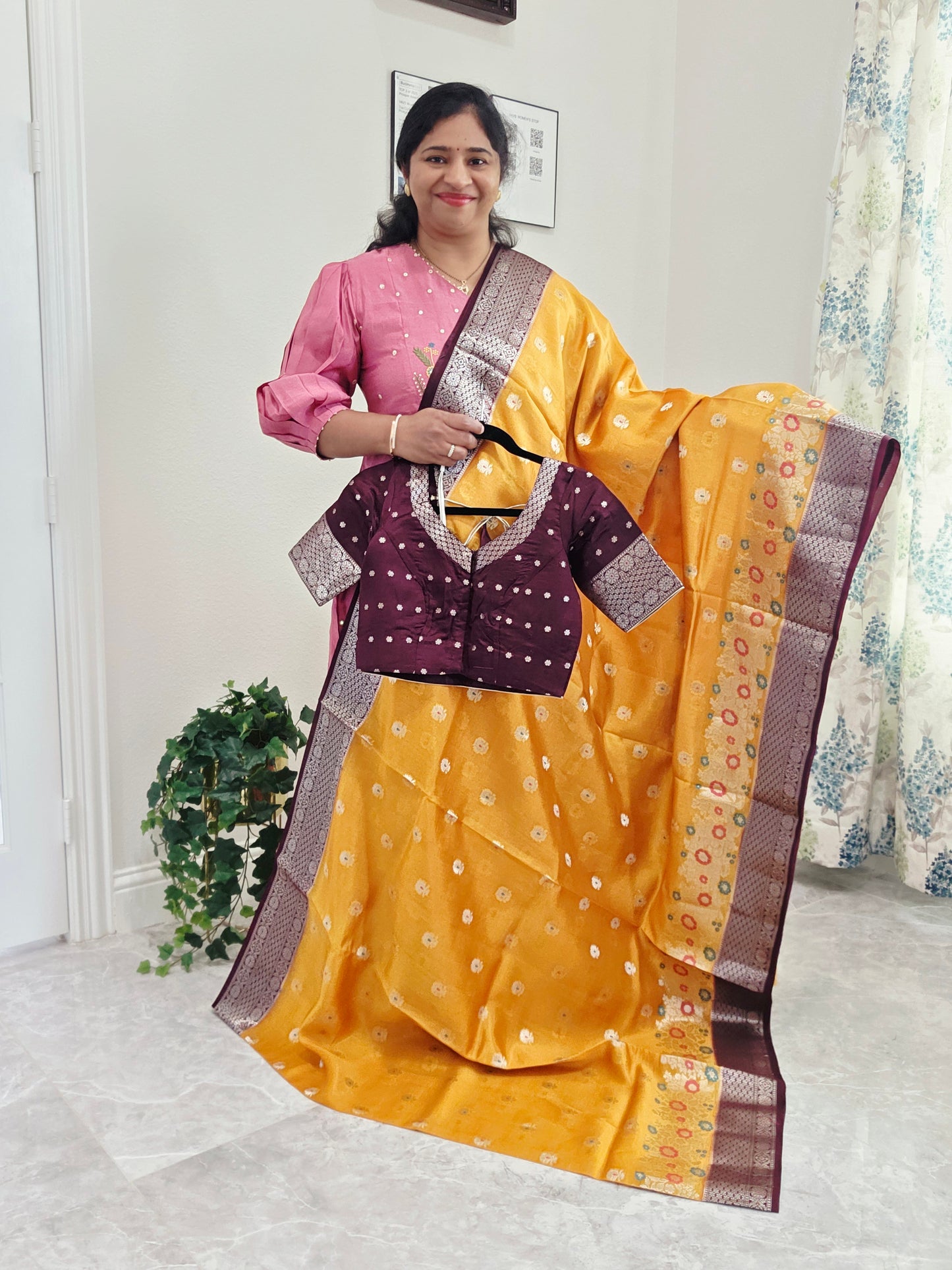Haldi Gold Semi  Mango Silk Saree with Wine Brown Zari Border & Stitched Blouse