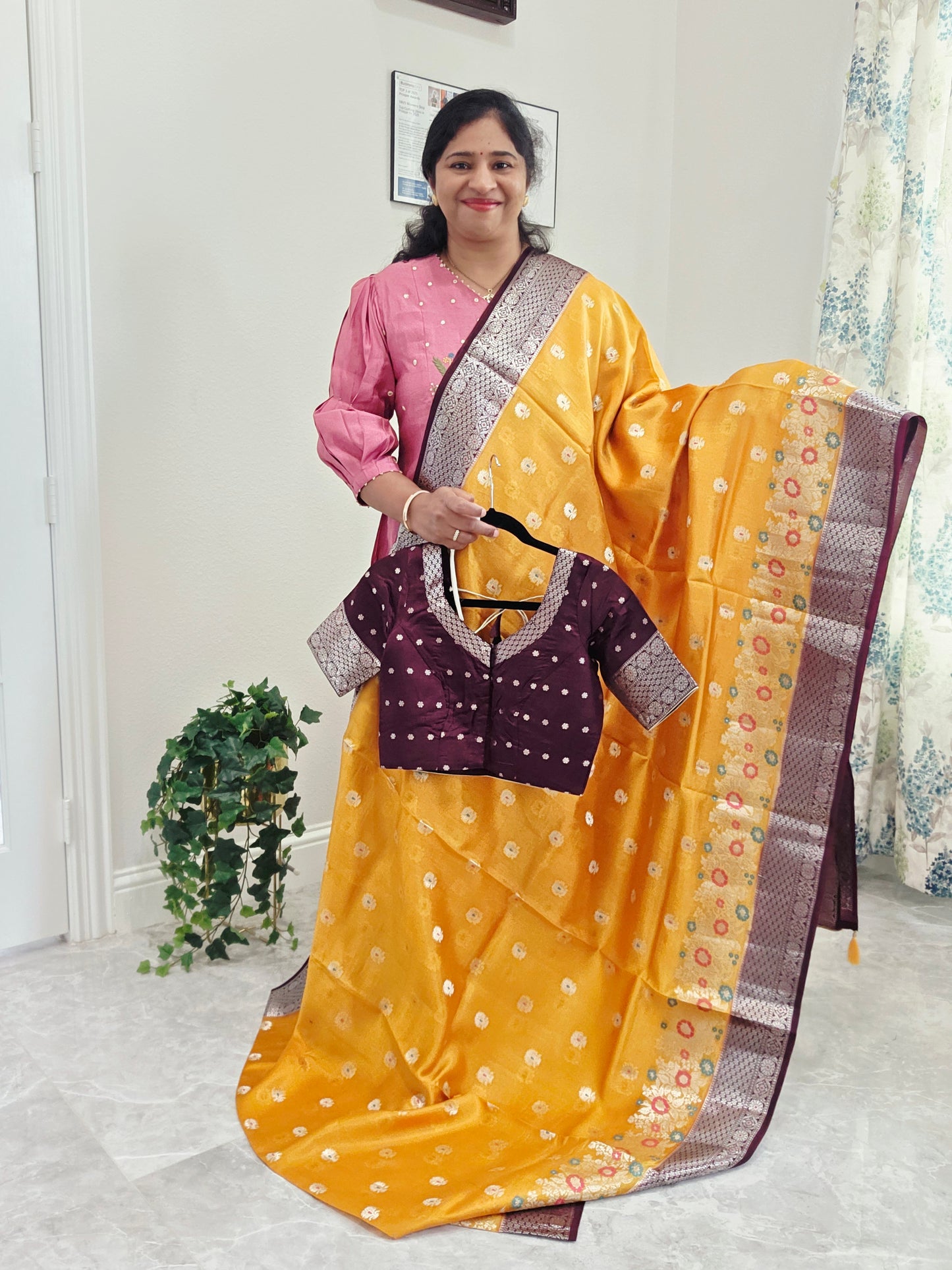 Haldi Gold Semi  Mango Silk Saree with Wine Brown Zari Border & Stitched Blouse