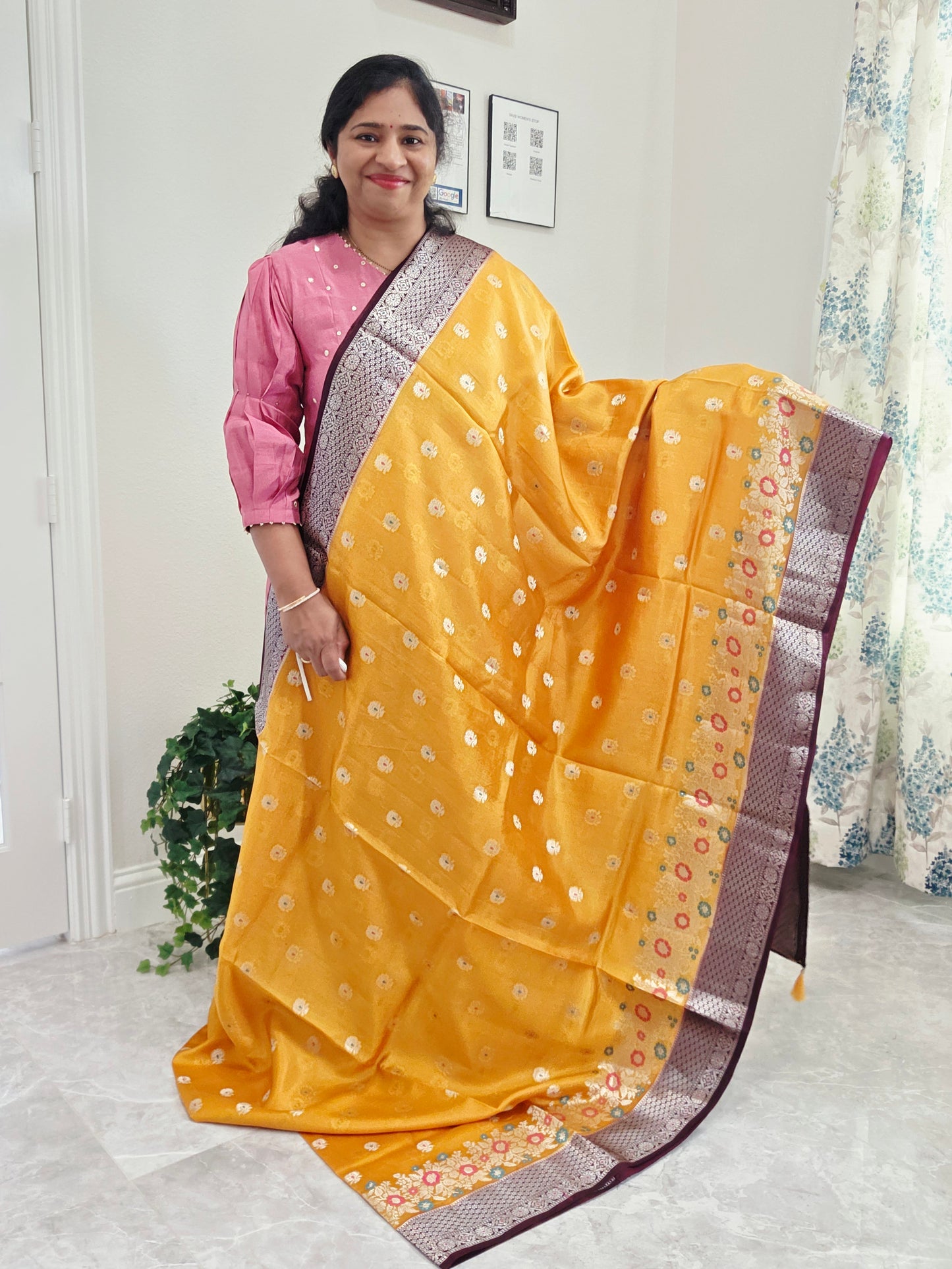 Haldi Gold Semi  Mango Silk Saree with Wine Brown Zari Border & Stitched Blouse