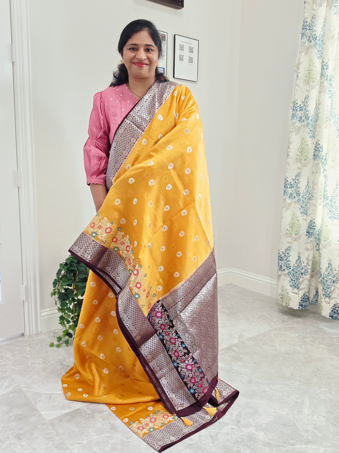 Haldi Gold Semi  Mango Silk Saree with Wine Brown Zari Border & Stitched Blouse