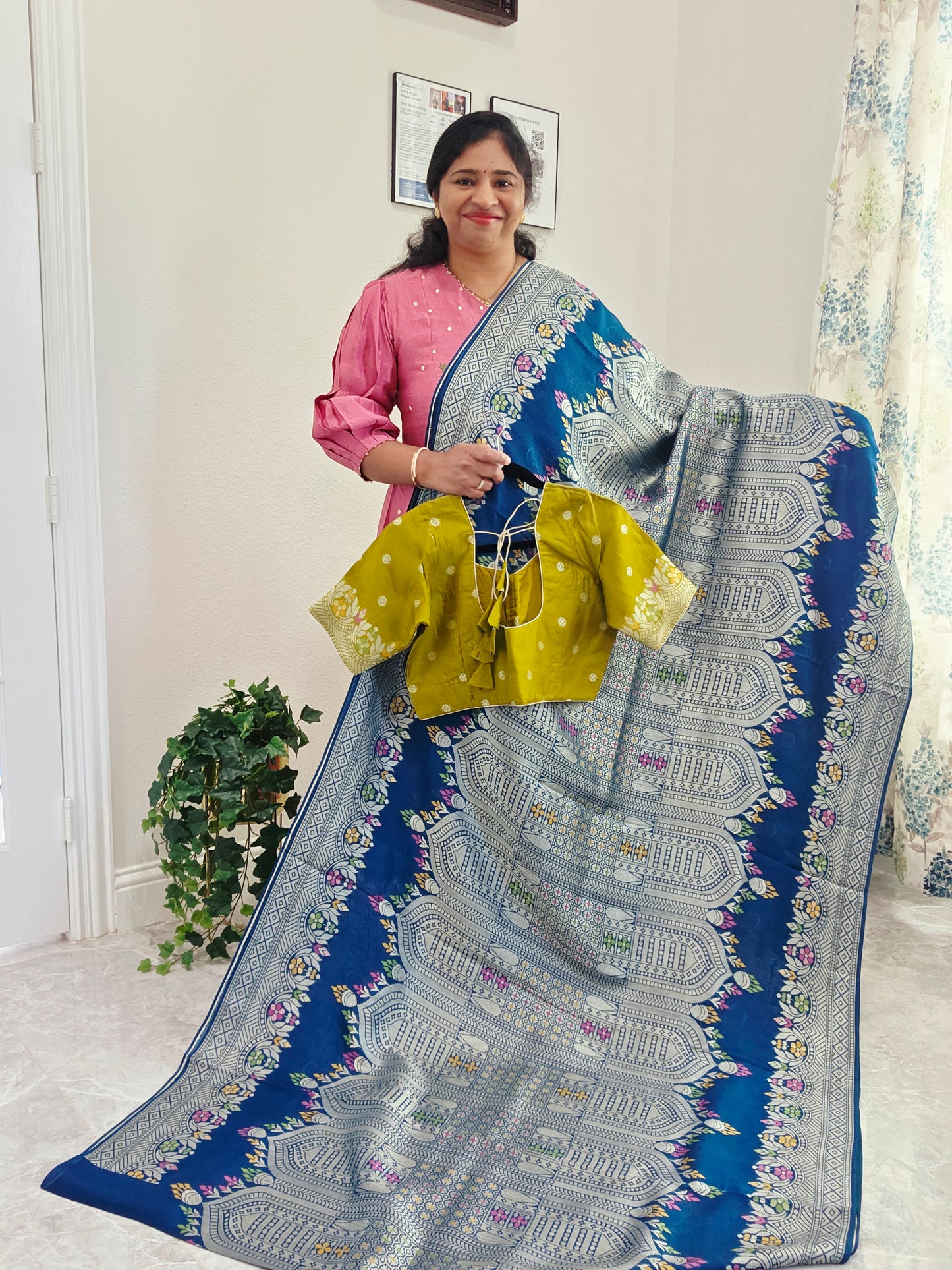 Royal Peacock Blue Chanderi Linen Tussar Saree with Olive Gold Stitched Blouse