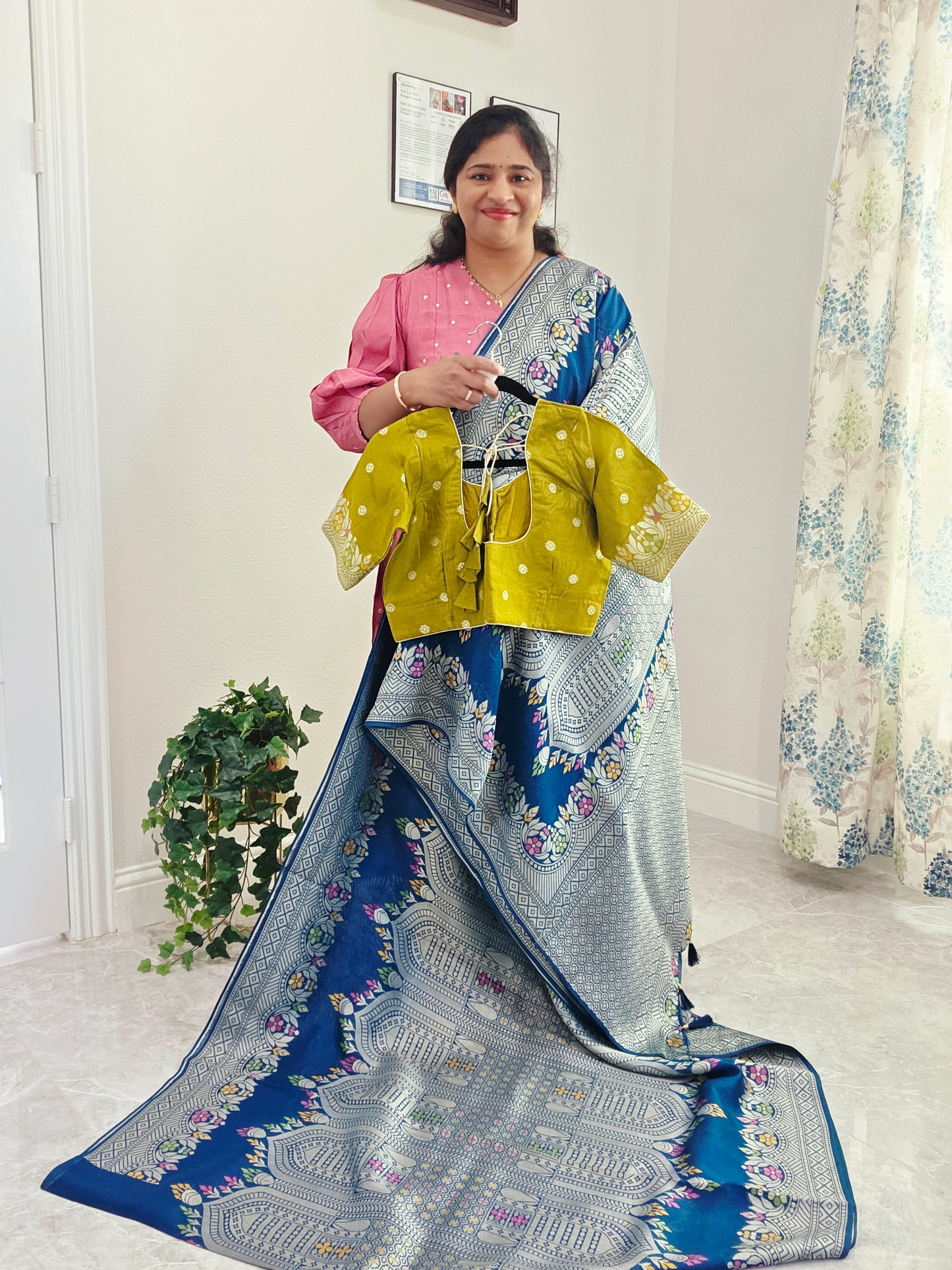 Royal Peacock Blue Chanderi Linen Tussar Saree with Olive Gold Stitched Blouse