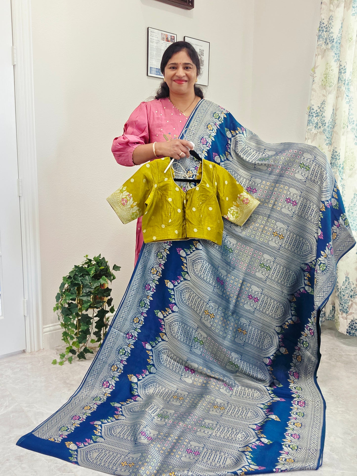 Royal Peacock Blue Chanderi Linen Tussar Saree with Olive Gold Stitched Blouse