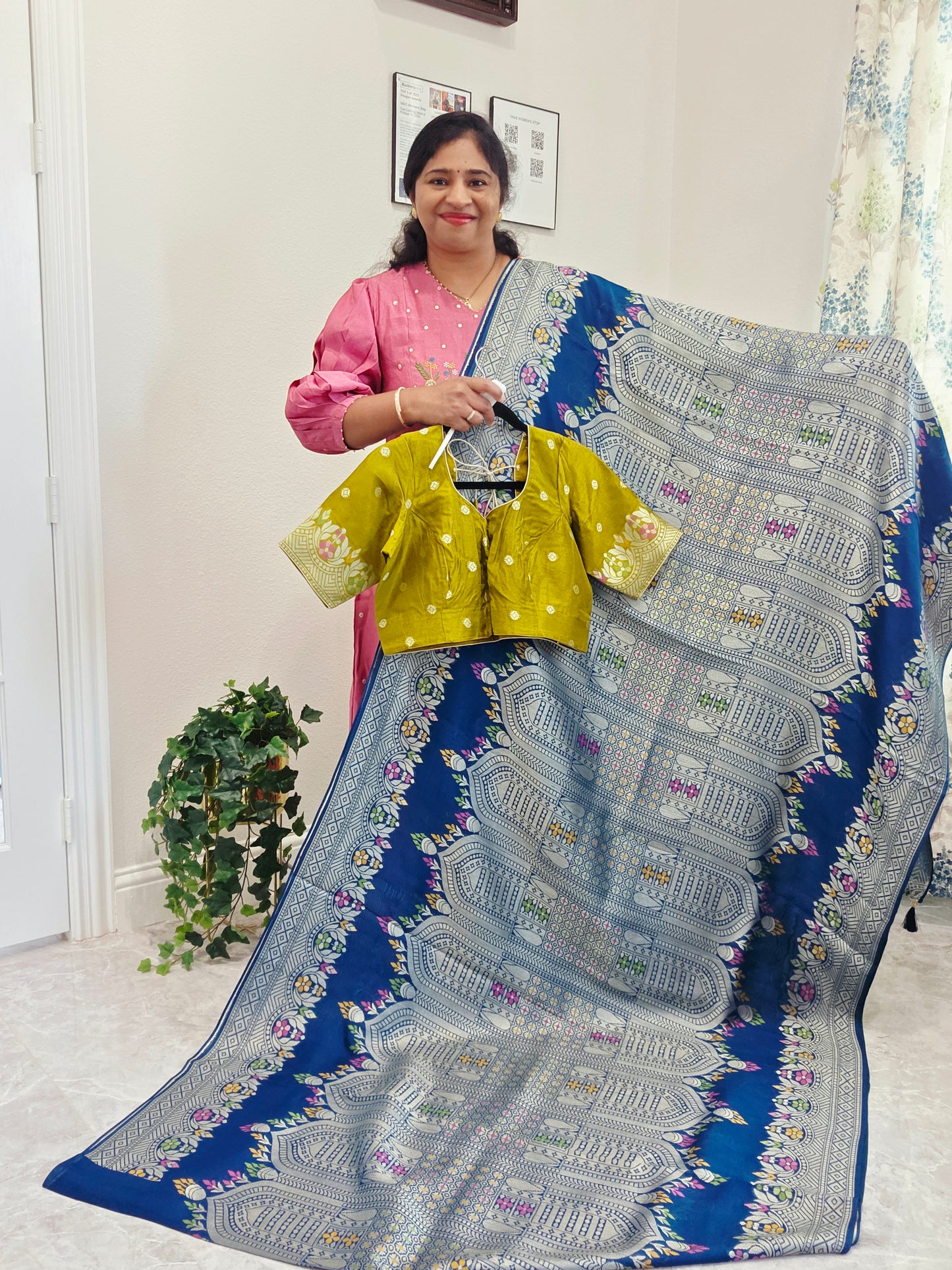 Royal Peacock Blue Chanderi Linen Tussar Saree with Olive Gold Stitched Blouse