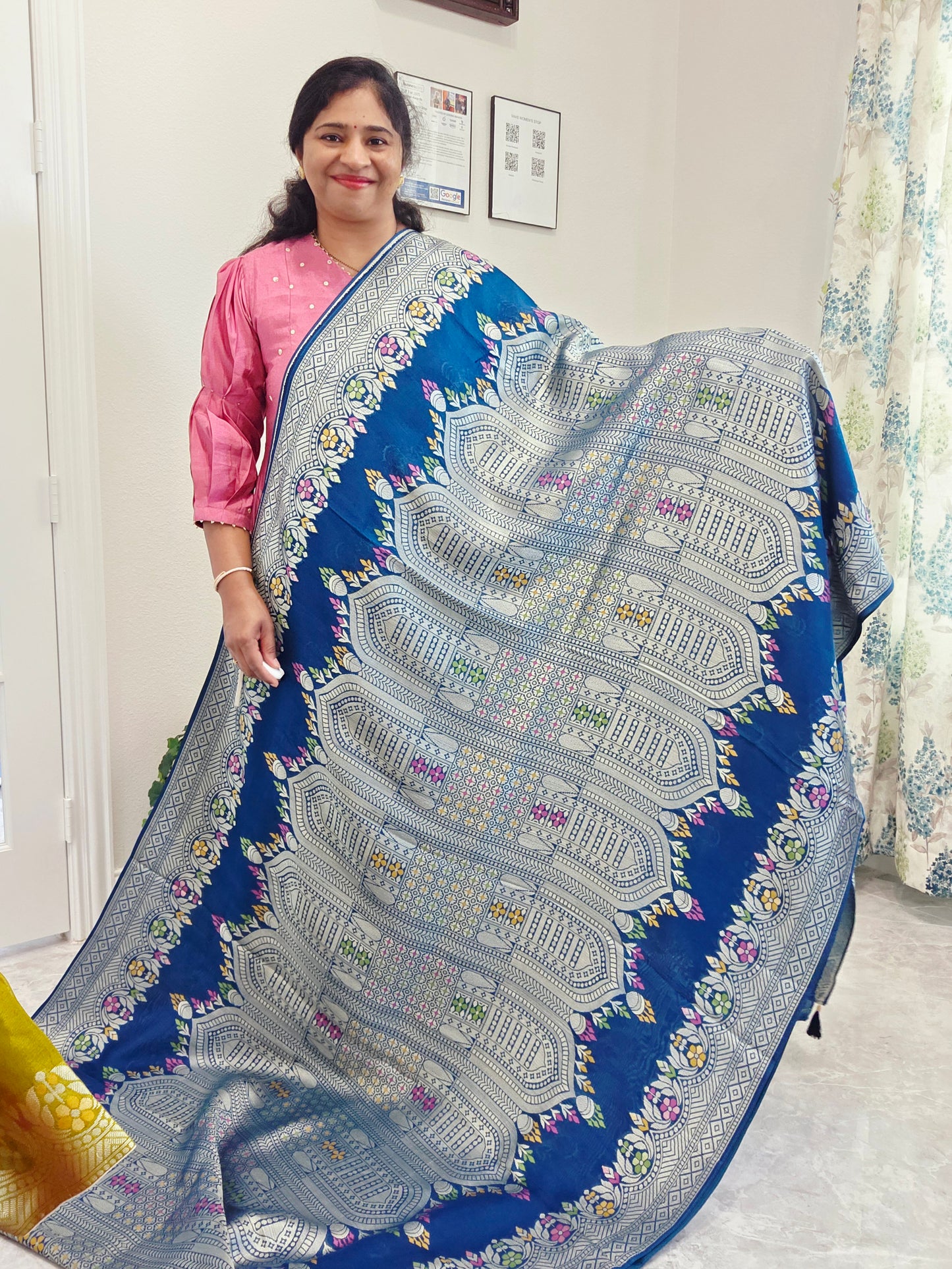 Royal Peacock Blue Chanderi Linen Tussar Saree with Olive Gold Stitched Blouse