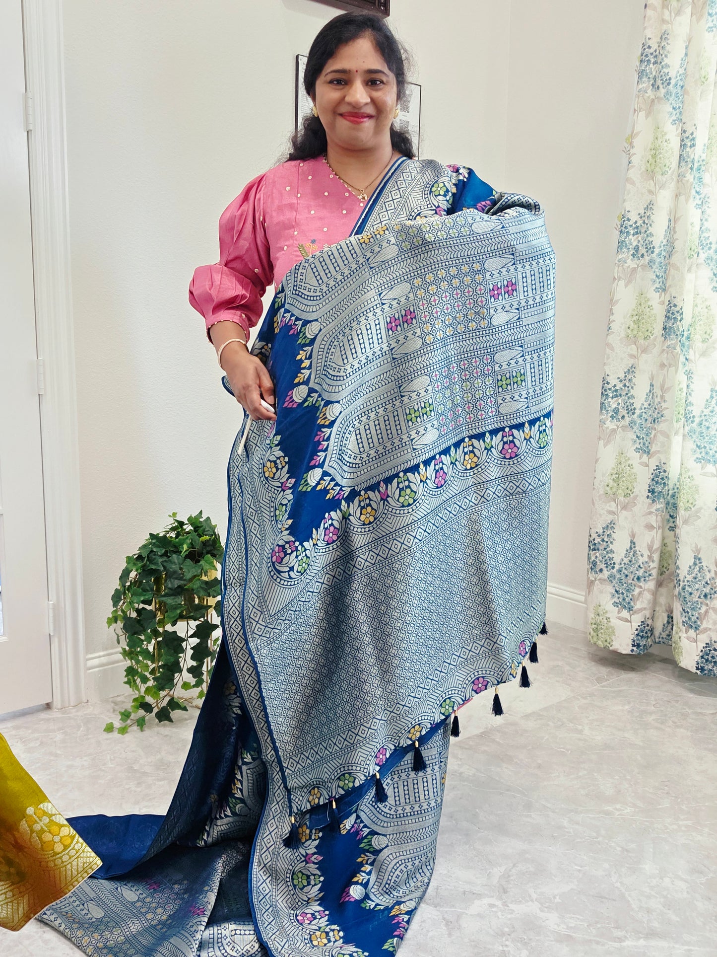 Royal Peacock Blue Chanderi Linen Tussar Saree with Olive Gold Stitched Blouse