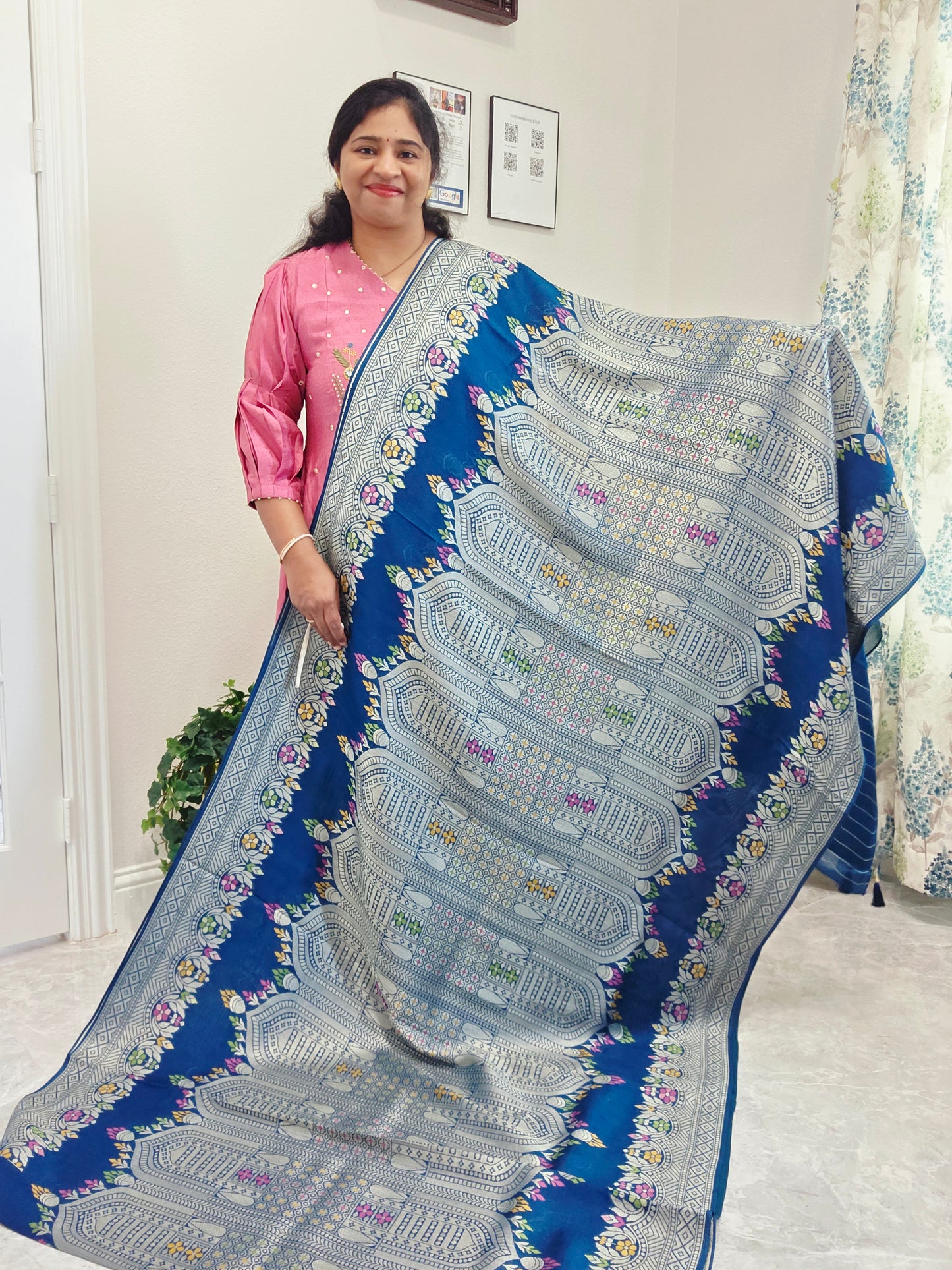 Royal Peacock Blue Chanderi Linen Tussar Saree with Olive Gold Stitched Blouse