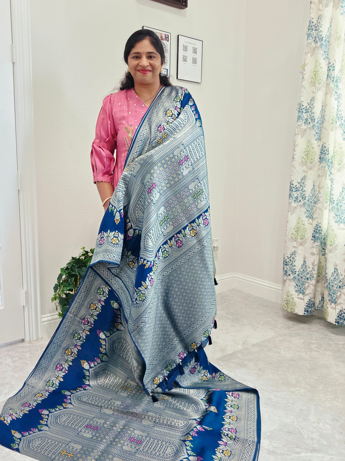 Royal Peacock Blue Chanderi Linen Tussar Saree with Olive Gold Stitched Blouse