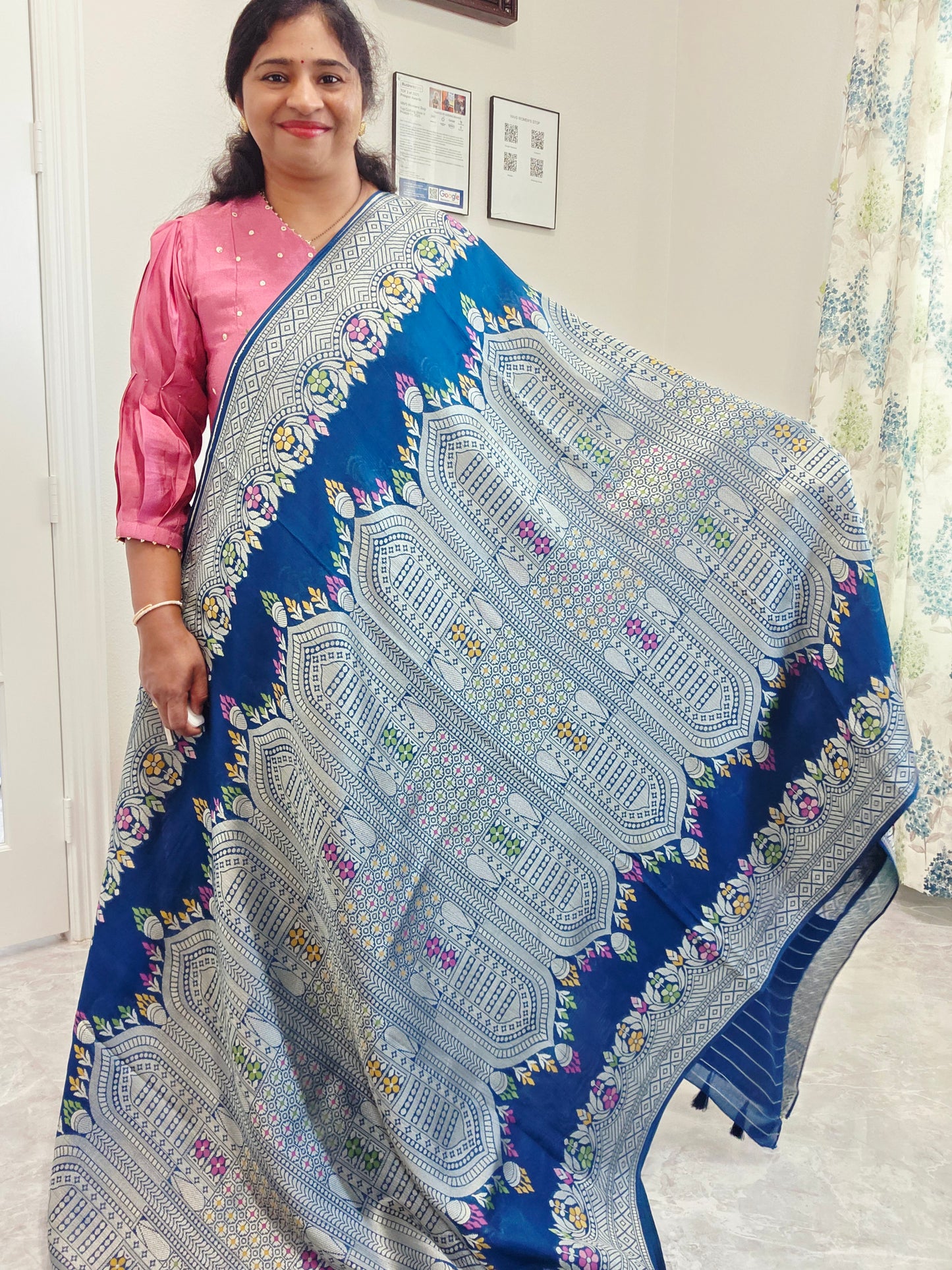 Royal Peacock Blue Chanderi Linen Tussar Saree with Olive Gold Stitched Blouse