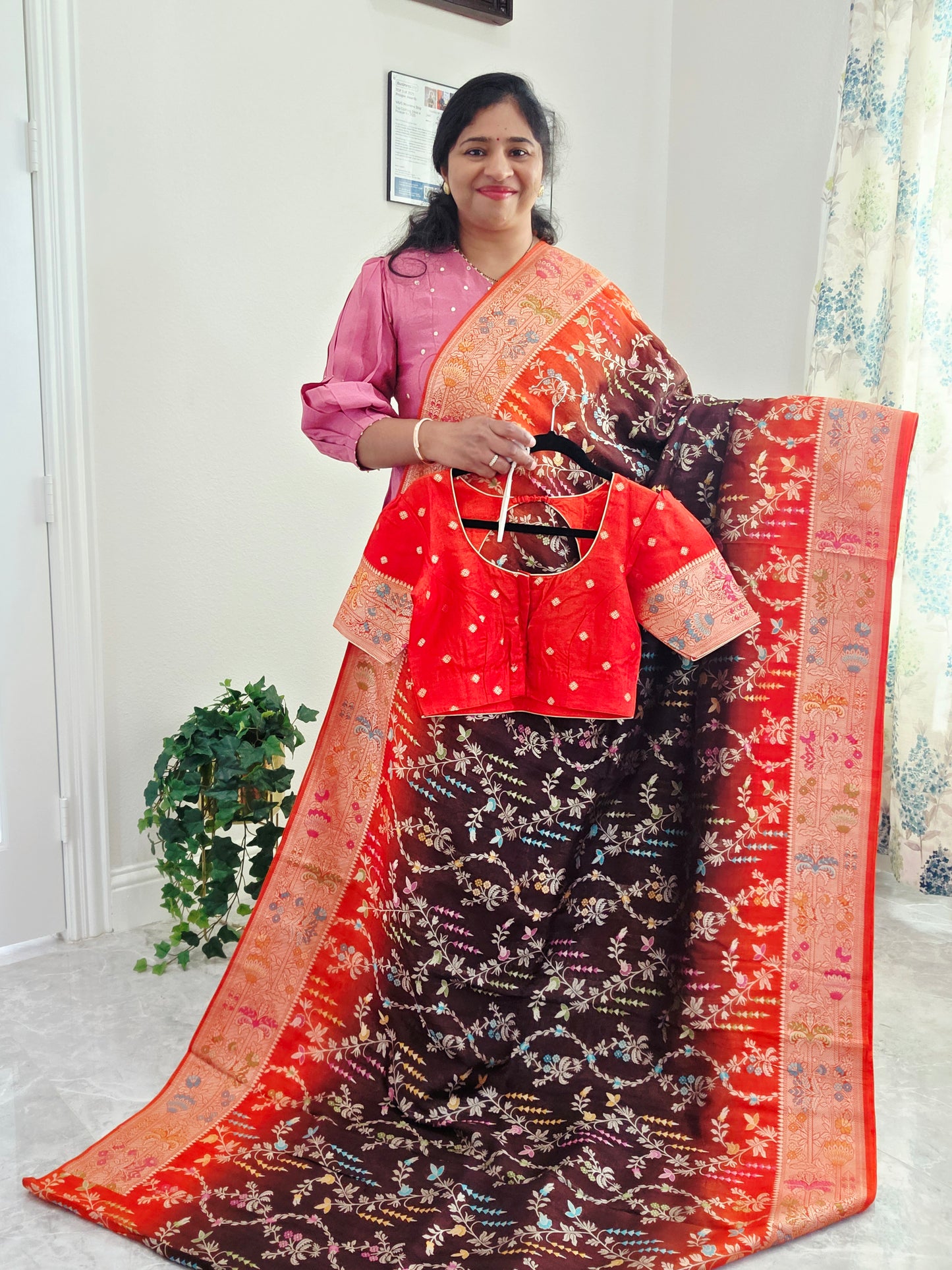 Chocolate Brown & Rust Orange Chanderi Linen Benarasi Saree with Stitched Blouse