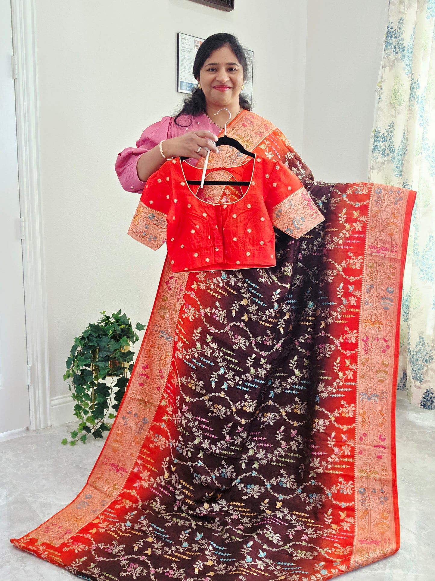 Chocolate Brown & Rust Orange Chanderi Linen Benarasi Saree with Stitched Blouse