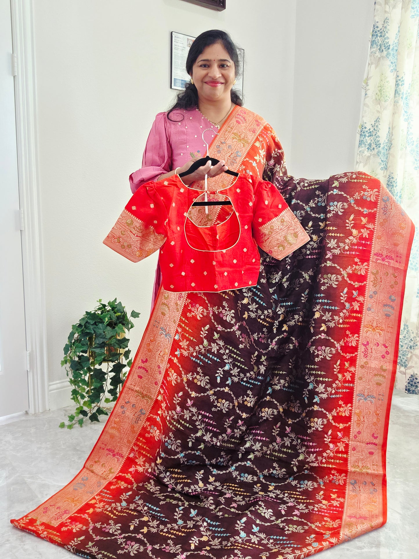 Chocolate Brown & Rust Orange Chanderi Linen Benarasi Saree with Stitched Blouse