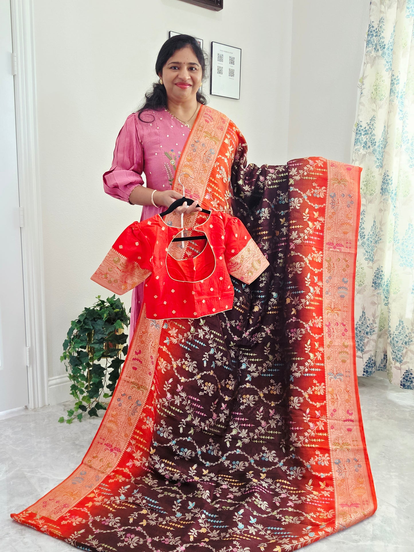 Chocolate Brown & Rust Orange Chanderi Linen Benarasi Saree with Stitched Blouse