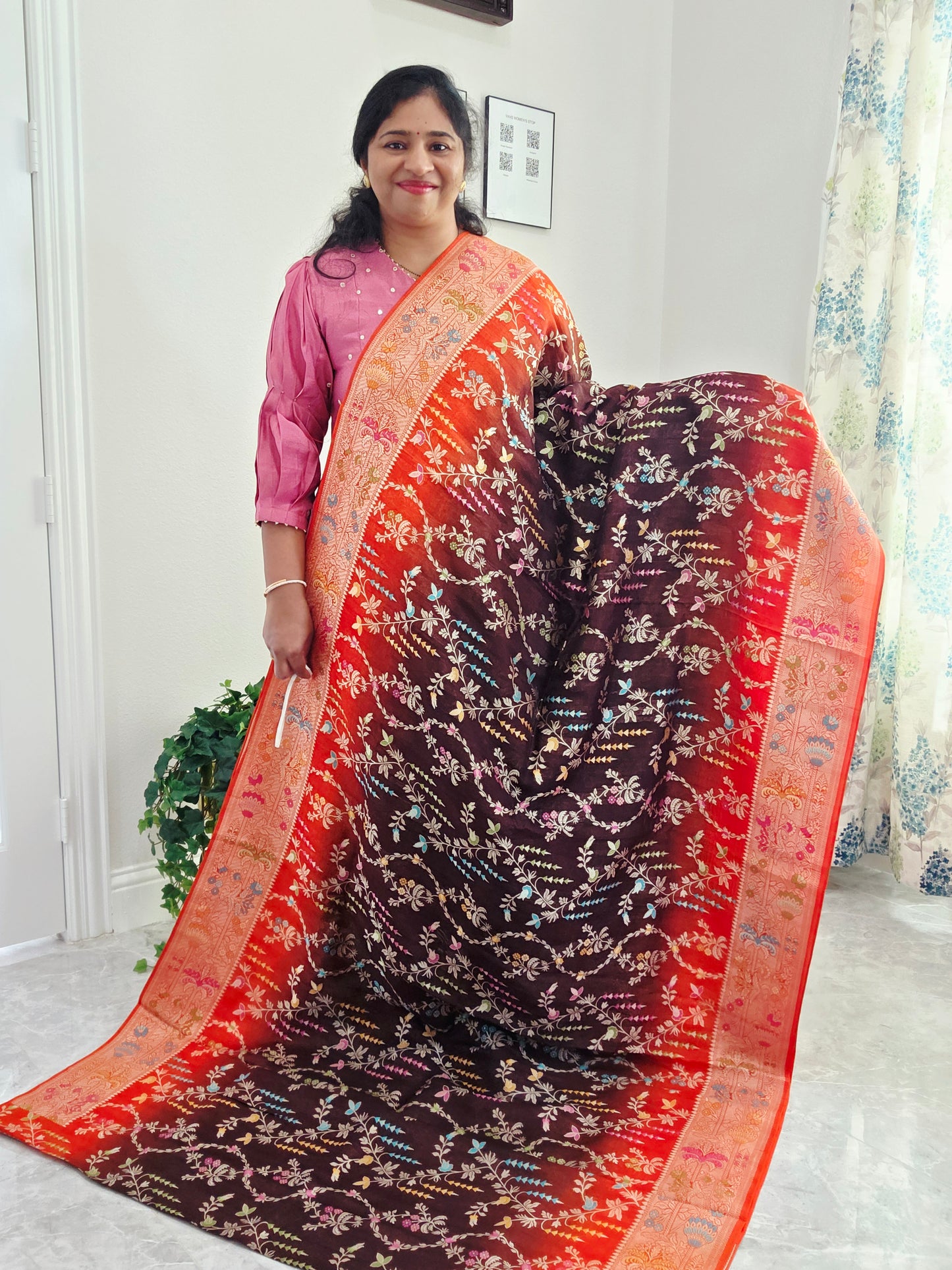 Chocolate Brown & Rust Orange Chanderi Linen Benarasi Saree with Stitched Blouse