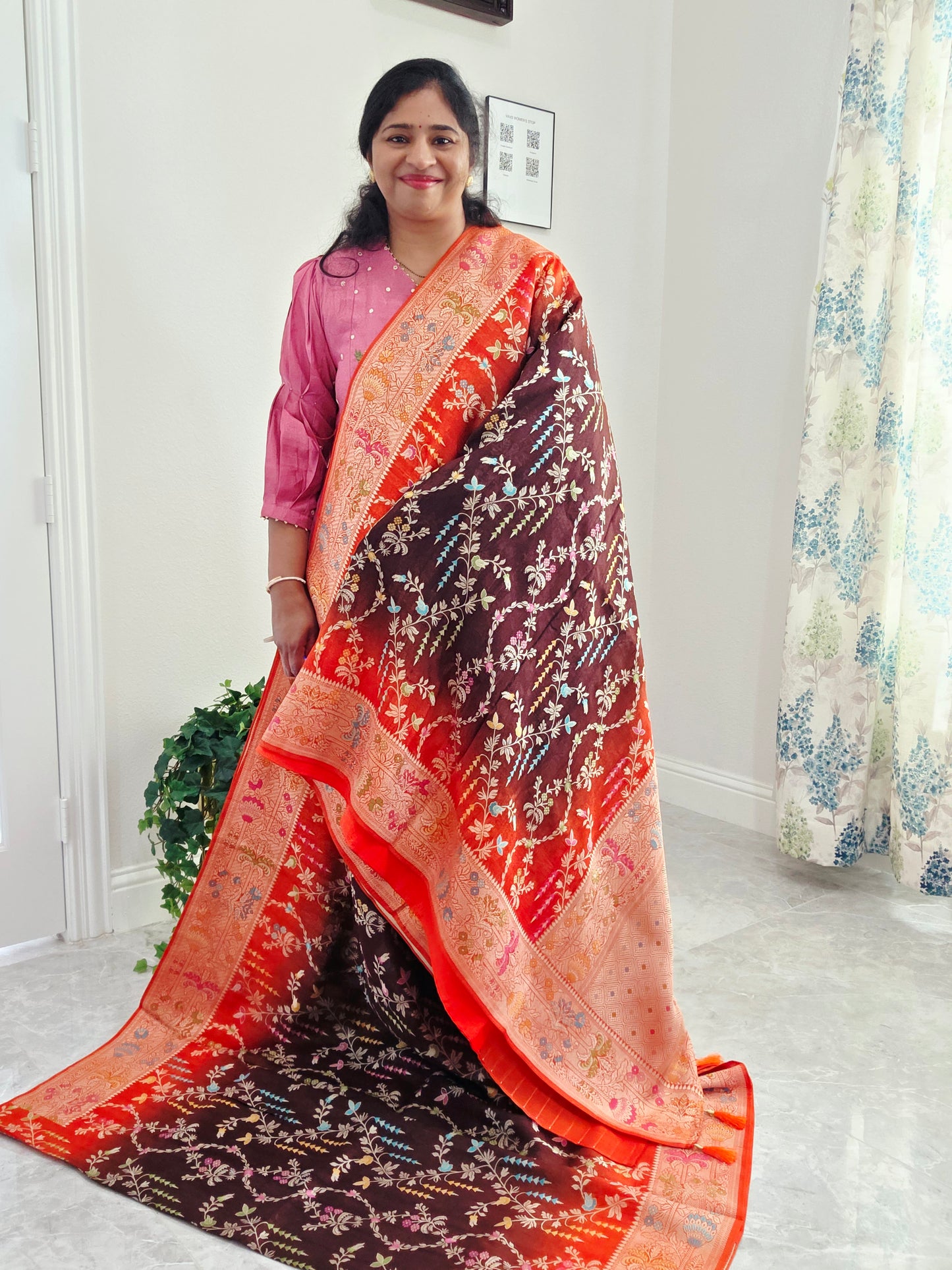 Chocolate Brown & Rust Orange Chanderi Linen Benarasi Saree with Stitched Blouse