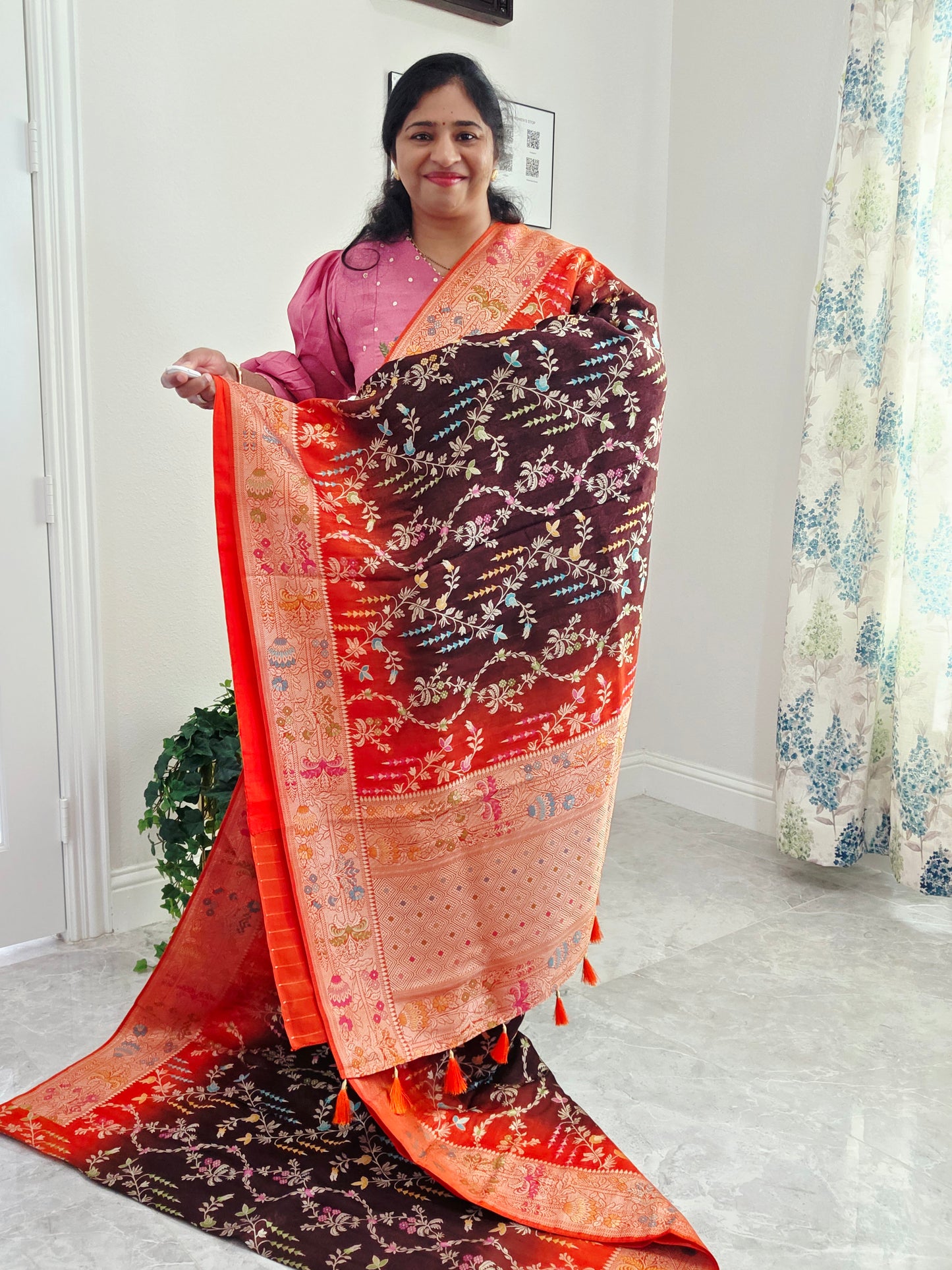 Chocolate Brown & Rust Orange Chanderi Linen Benarasi Saree with Stitched Blouse