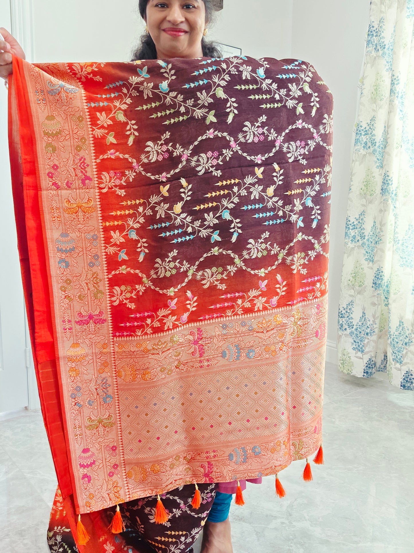 Chocolate Brown & Rust Orange Chanderi Linen Benarasi Saree with Stitched Blouse