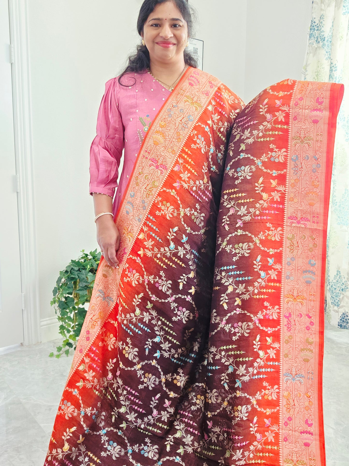 Chocolate Brown & Rust Orange Chanderi Linen Benarasi Saree with Stitched Blouse