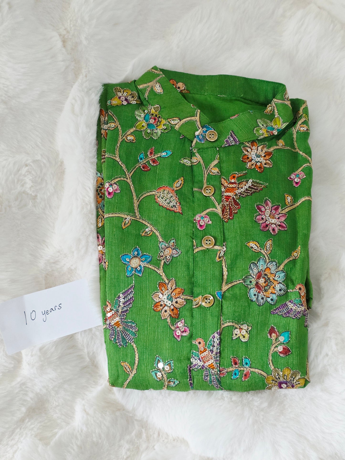 Royal Parrot Green Kalamkari Tussar Rawsilk Kurta for Boys | Luxury Embroidery Festive Wear | Age 10