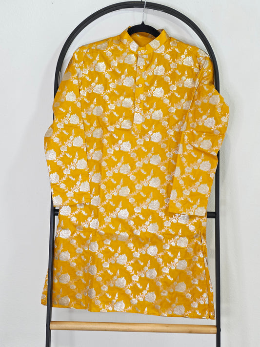Royal Sunburst Yellow Banarasi Kurta for Boys | Luxury Floral Ethnic Wear | Festive Wedding Kurta for 10 Year Old