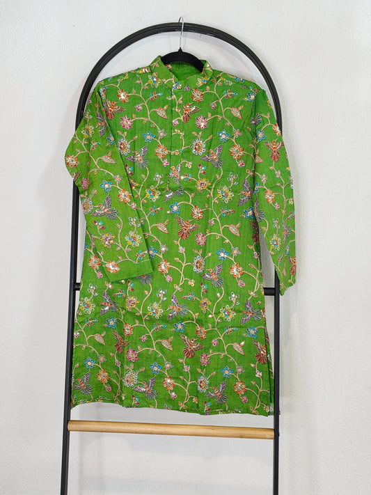 Royal Parrot Green Kalamkari Tussar Rawsilk Kurta for Boys | Luxury Embroidery Festive Wear | Age 10