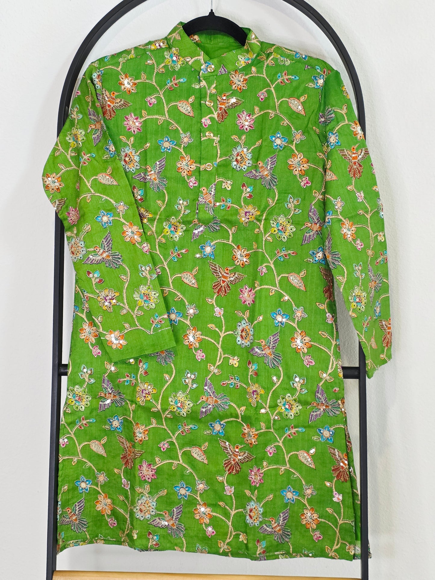 Royal Parrot Green Kalamkari Tussar Rawsilk Kurta for Boys | Luxury Embroidery Festive Wear | Age 10