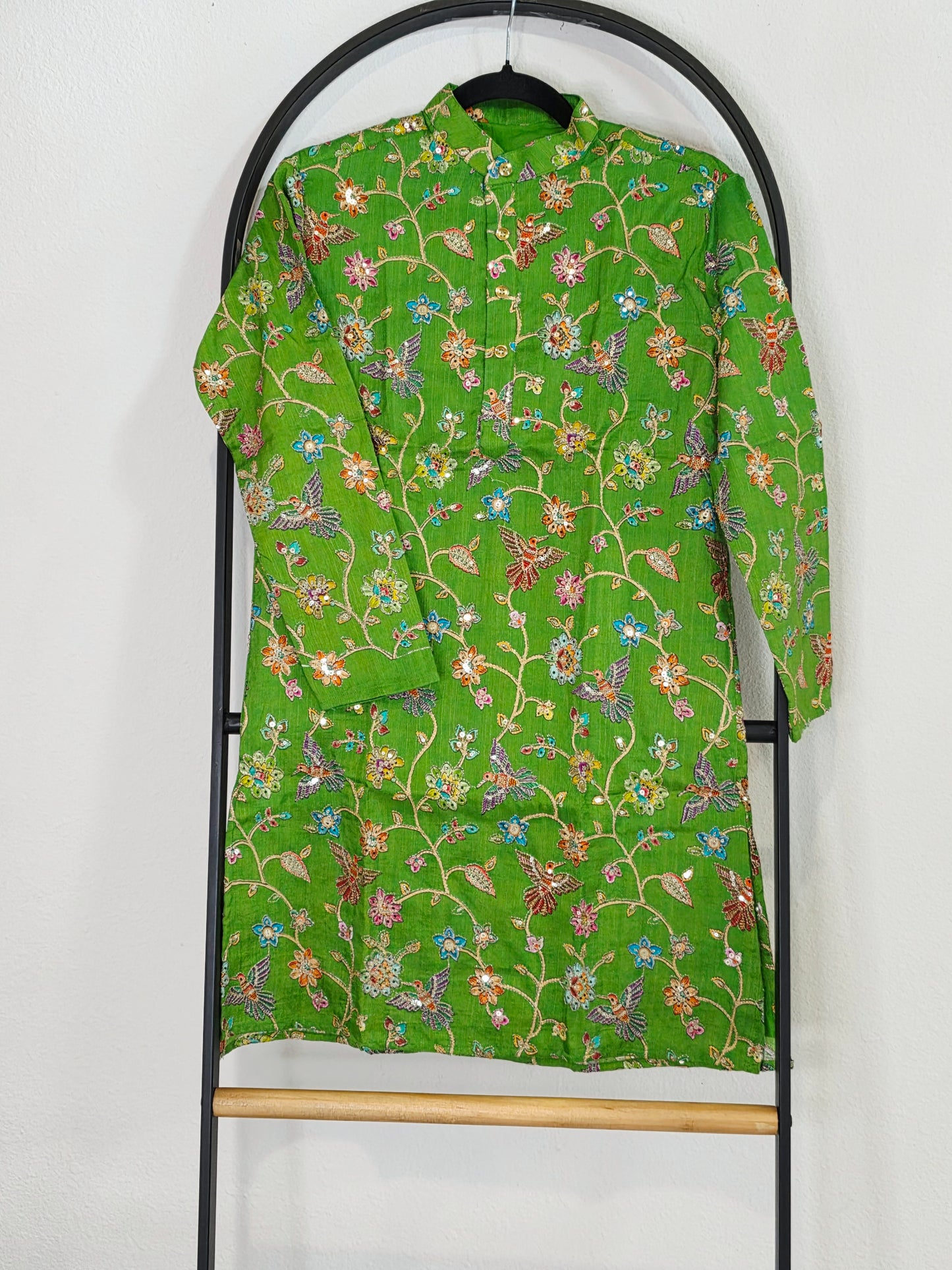 Royal Parrot Green Kalamkari Tussar Rawsilk Kurta for Boys | Luxury Embroidery Festive Wear | Age 10
