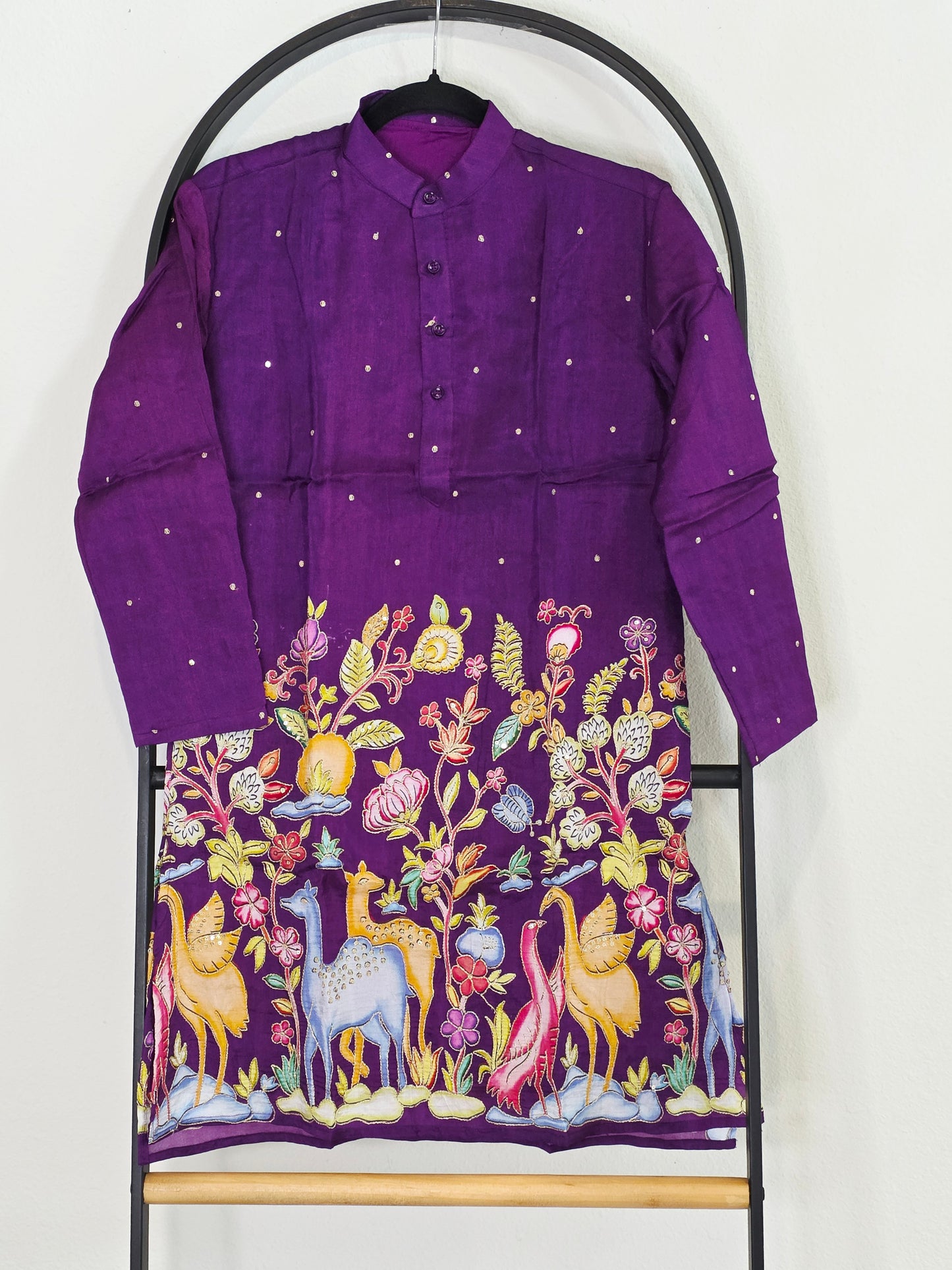 Royal Orchid Purple Kalamkari Tussar Rawsilk Kurta for Boys | Luxury Embroidery Festive Wear | Age 10