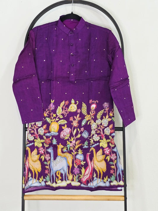 Royal Orchid Purple Kalamkari Tussar Rawsilk Kurta for Boys | Luxury Embroidery Festive Wear | Age 10