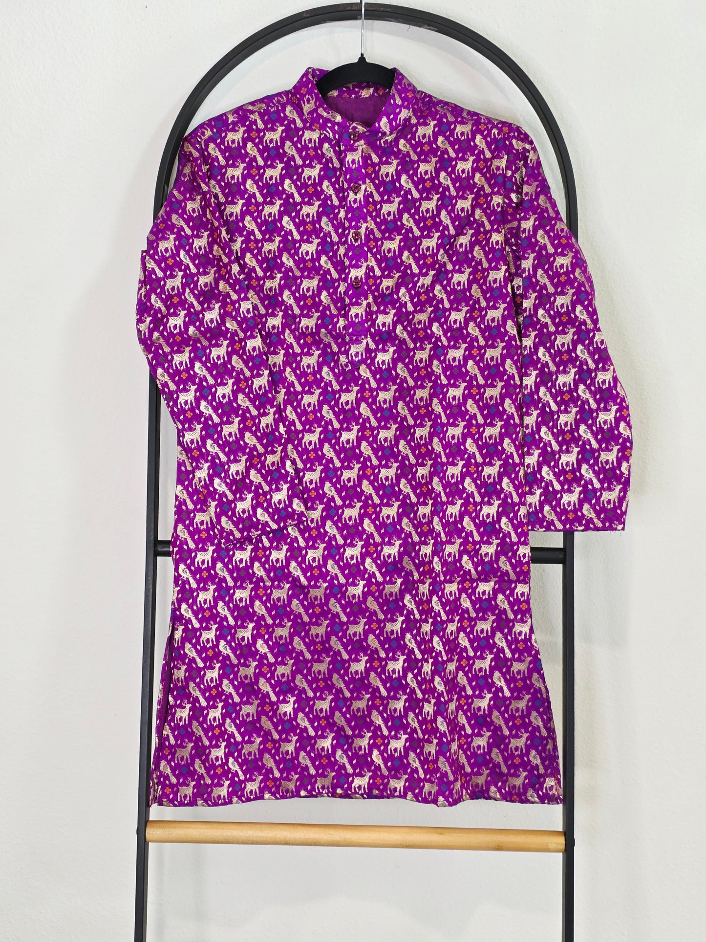 Royal Fuchsia Violet Banarasi Kurta for Boys | Luxury Deer Motif Ethnic Wear | Festive Wedding Kurta for 10 Year Old