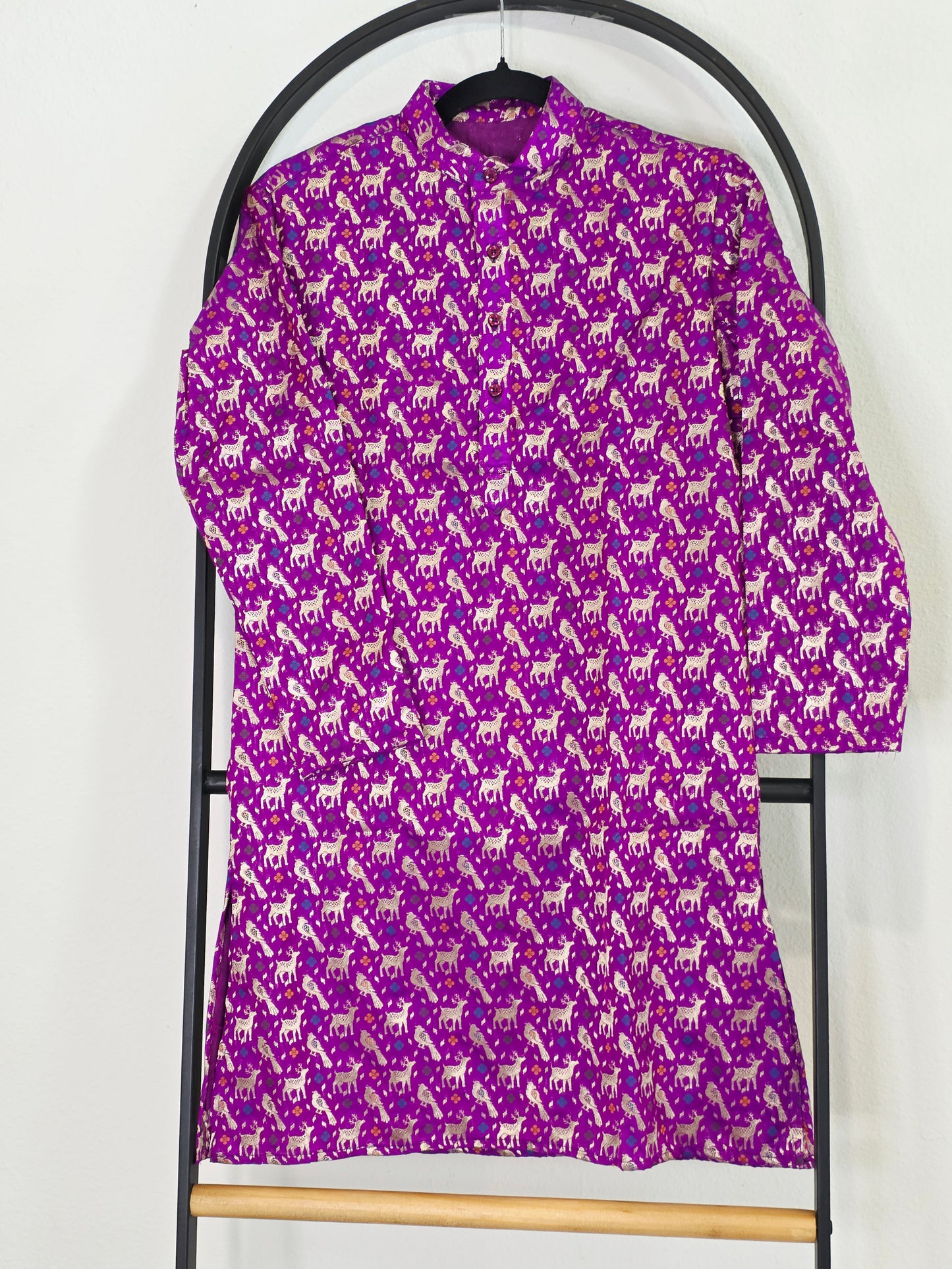 Royal Fuchsia Violet Banarasi Kurta for Boys | Luxury Deer Motif Ethnic Wear | Festive Wedding Kurta for 10 Year Old