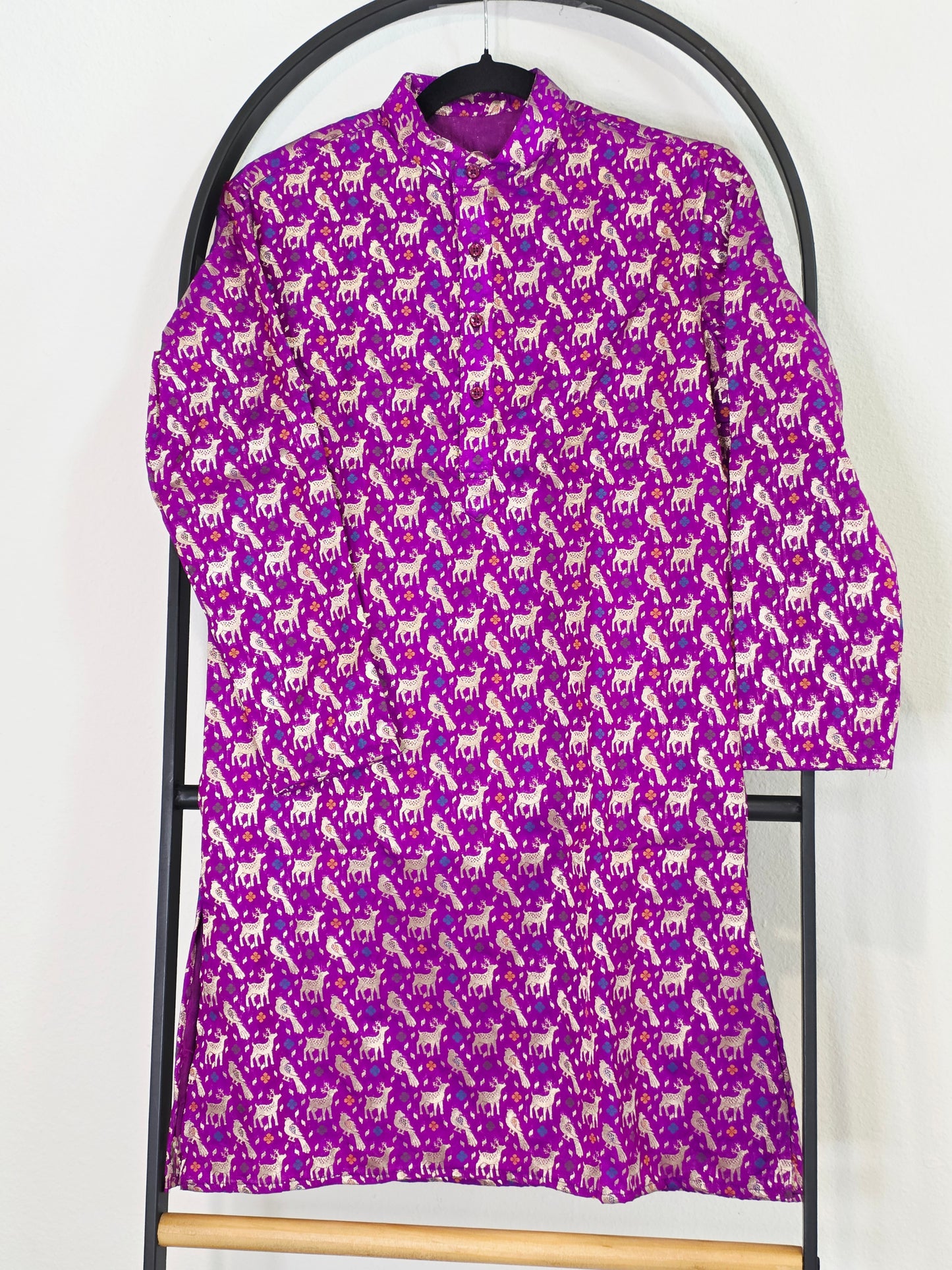 Royal Fuchsia Violet Banarasi Kurta for Boys | Luxury Deer Motif Ethnic Wear | Festive Wedding Kurta for 10 Year Old