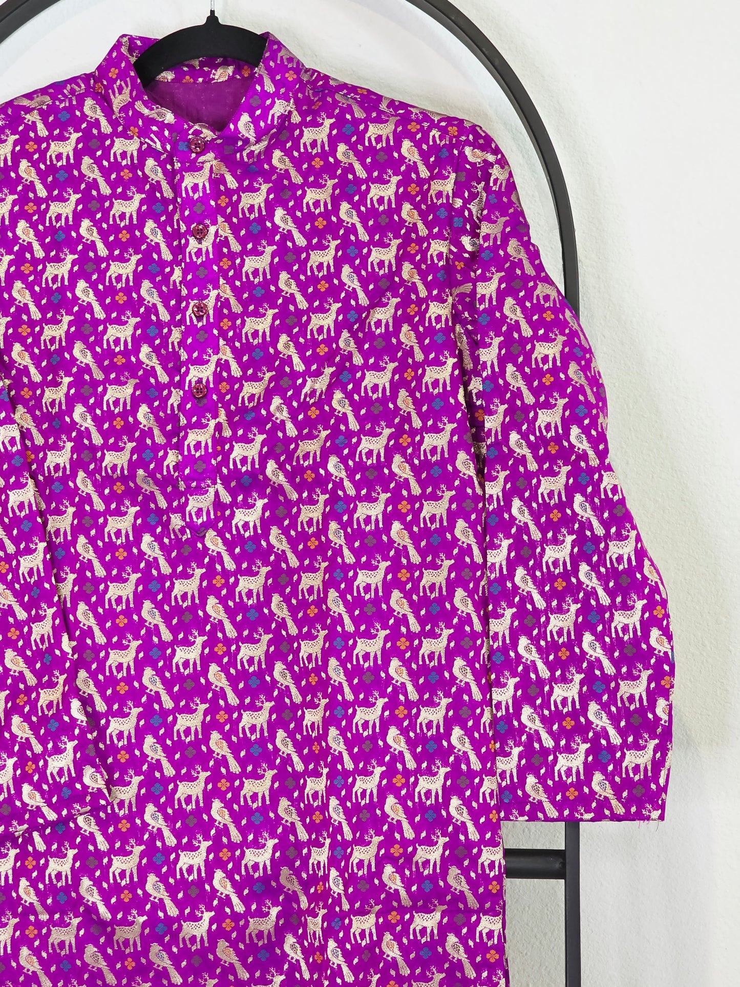 Royal Fuchsia Violet Banarasi Kurta for Boys | Luxury Deer Motif Ethnic Wear | Festive Wedding Kurta for 10 Year Old