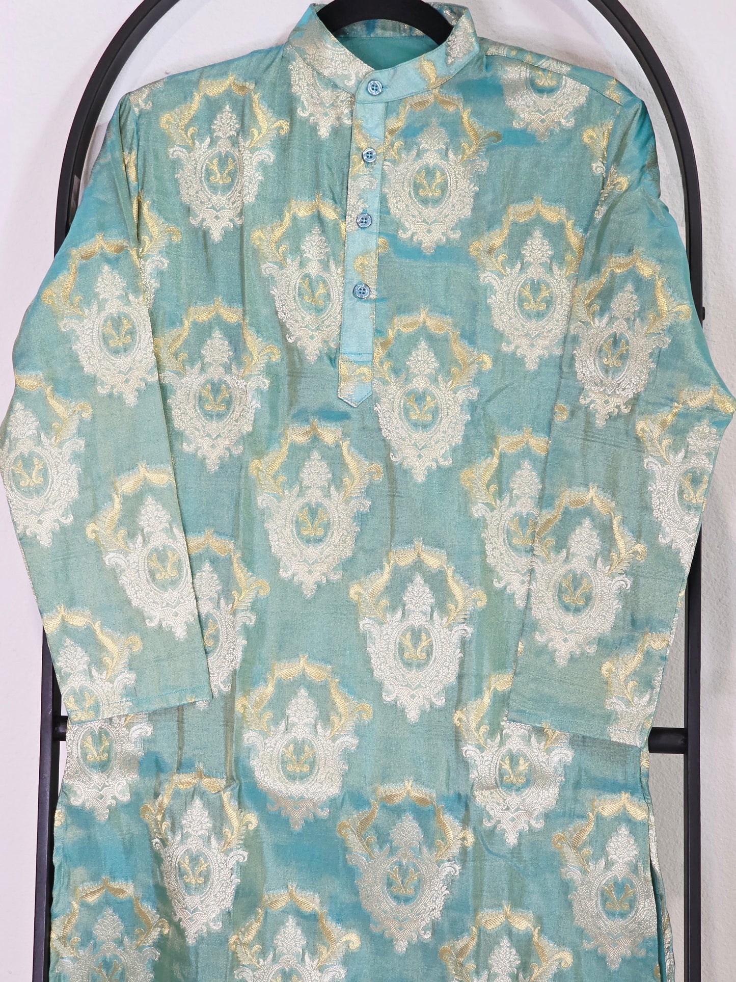 Royal Aqua Mint Banarasi Kurta for Boys | Luxury Gold Woven Ethnic Wear | Festive Wedding Kurta for 10 Year Old