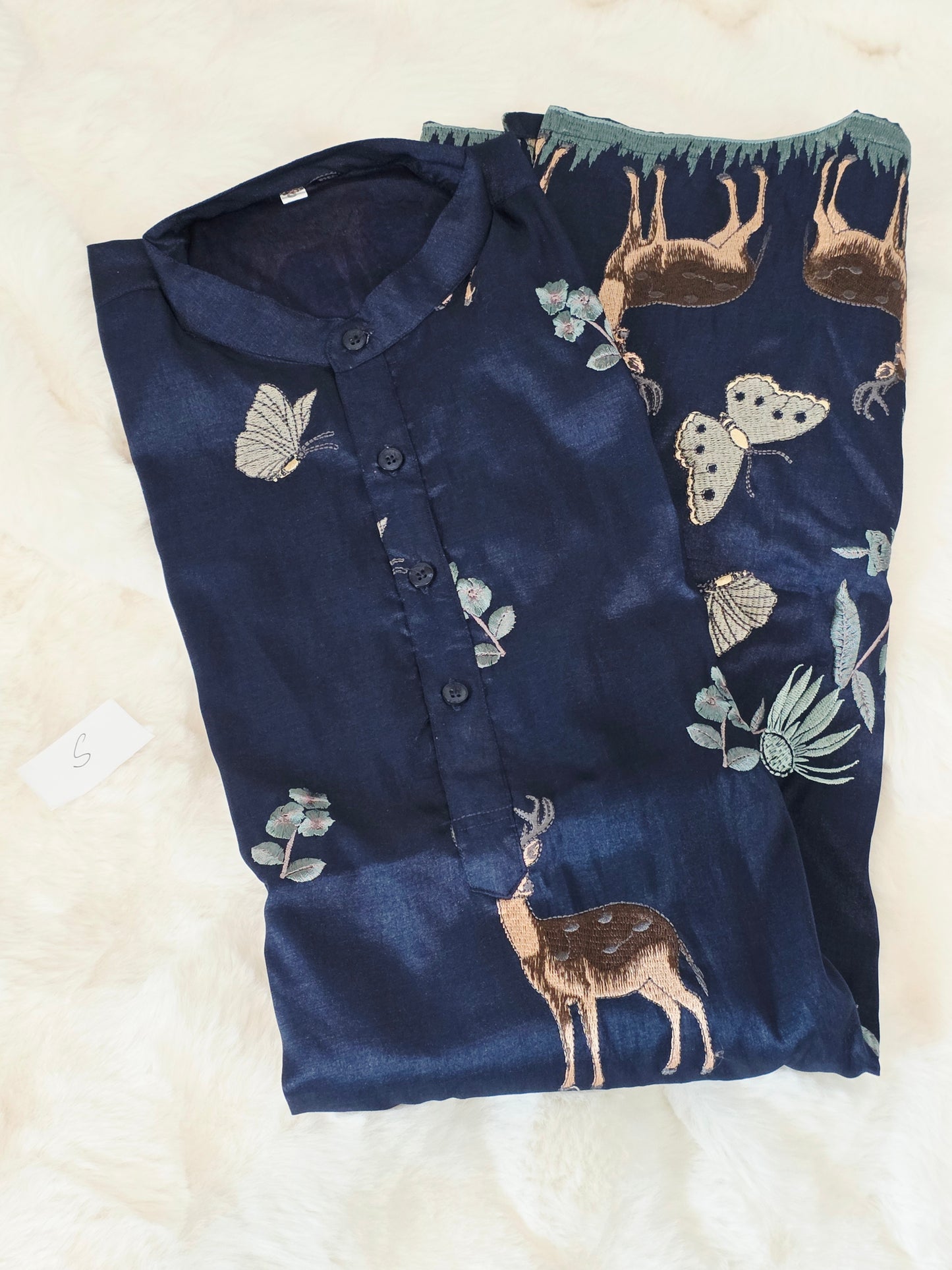Royal Midnight Navy Tussar Rawsilk Deer Embroidered Kurta for Men | Luxury Festive Wear Small Size