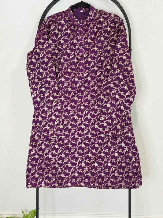 Royal Plum Purple Banarasi Kurta for Men | Luxury Floral Ethnic Wear | Festive Wedding Kurta Small Size