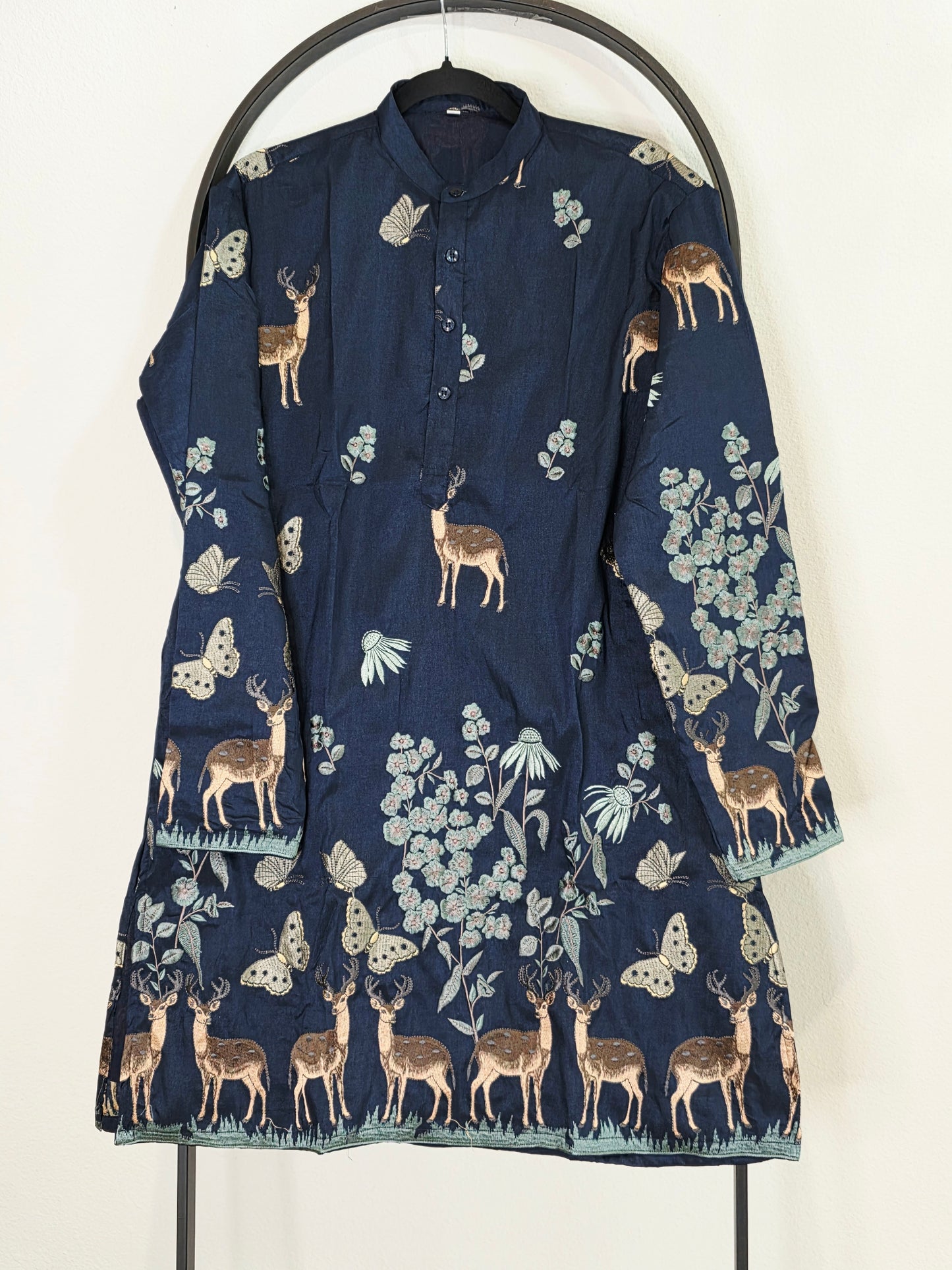 Royal Midnight Navy Tussar Rawsilk Deer Embroidered Kurta for Men | Luxury Festive Wear Small Size