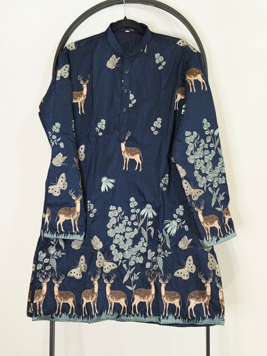 Royal Midnight Navy Tussar Rawsilk Deer Embroidered Kurta for Men | Luxury Festive Wear Small Size