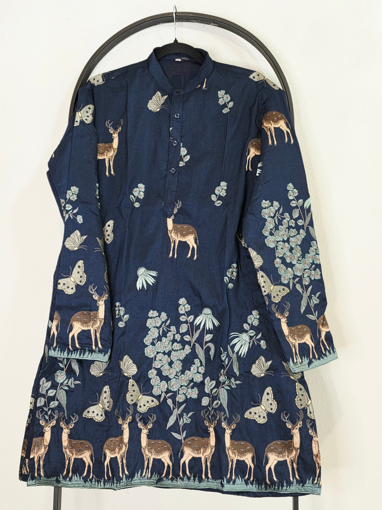 Royal Midnight Navy Tussar Rawsilk Deer Embroidered Kurta for Men | Luxury Festive Wear Small Size