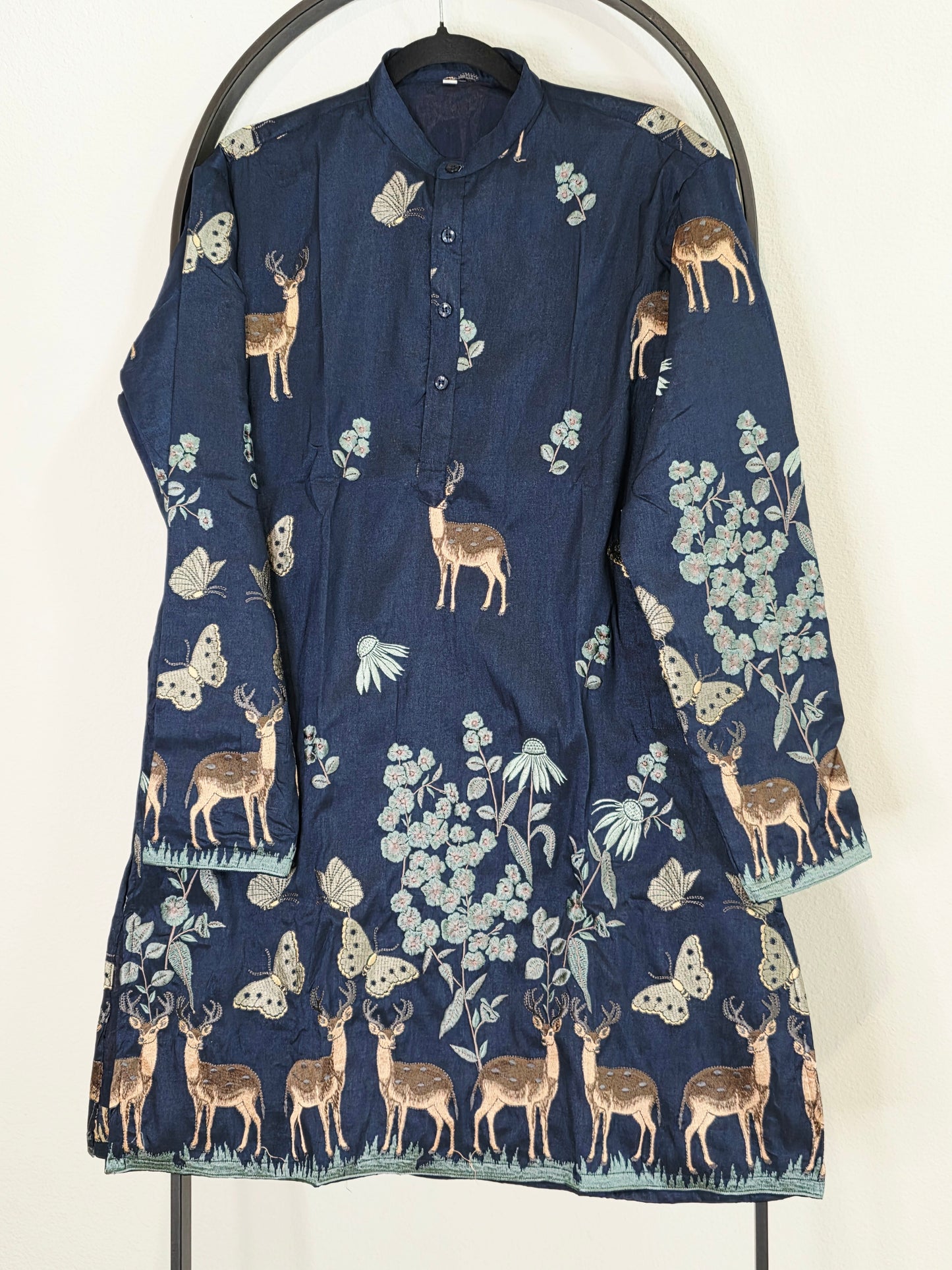 Royal Midnight Navy Tussar Rawsilk Deer Embroidered Kurta for Men | Luxury Festive Wear Small Size